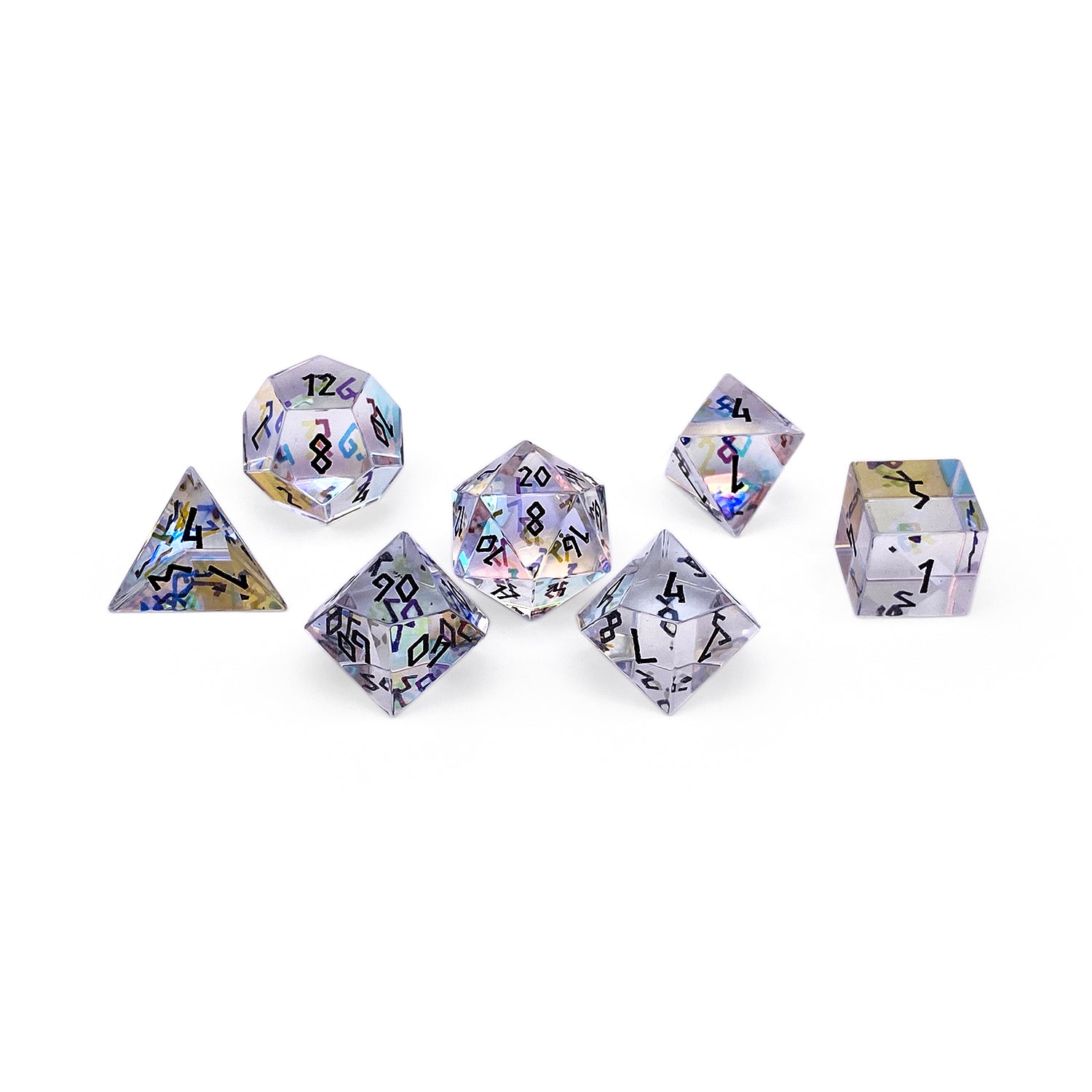 K9 Rainbow Glass - Black Font - 7 Piece RPG Set Glass Dice-Glass Dice-Norse Foundry-Norse Foundry-k9 glass dice-dungeons & dragons-d&d dice set-rpg dice set-glass dice set-d&d-perfect for tabletop rpgs