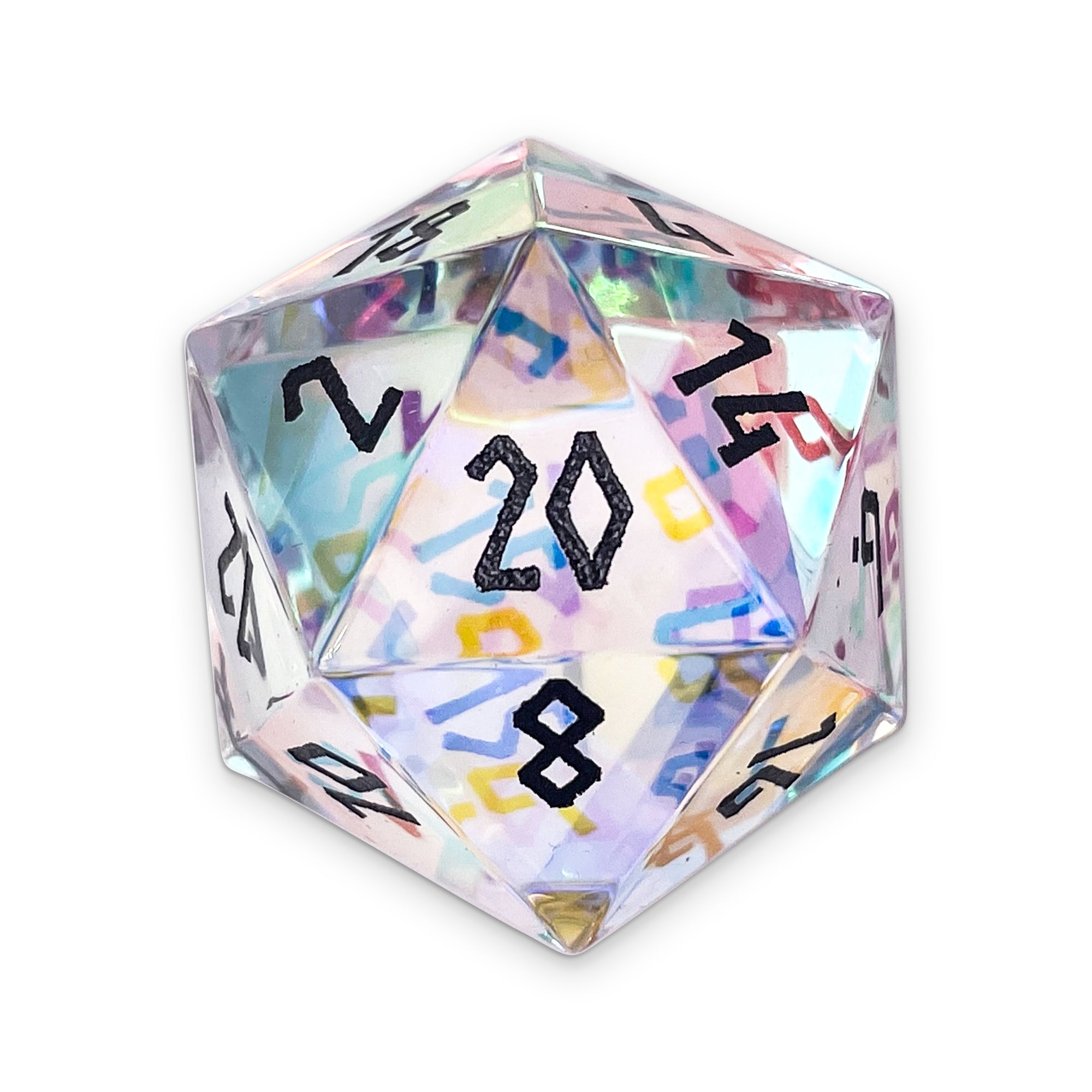 K9 Rainbow Glass - Black Font Boulder® 30mm Glass Dice-Glass Dice-Norse Foundry-Norse Foundry-dungeons & dragons-d&d dice-rpg dice-d20-glass dice-d&d-30mm-boulder-perfect for tabletop rpgs