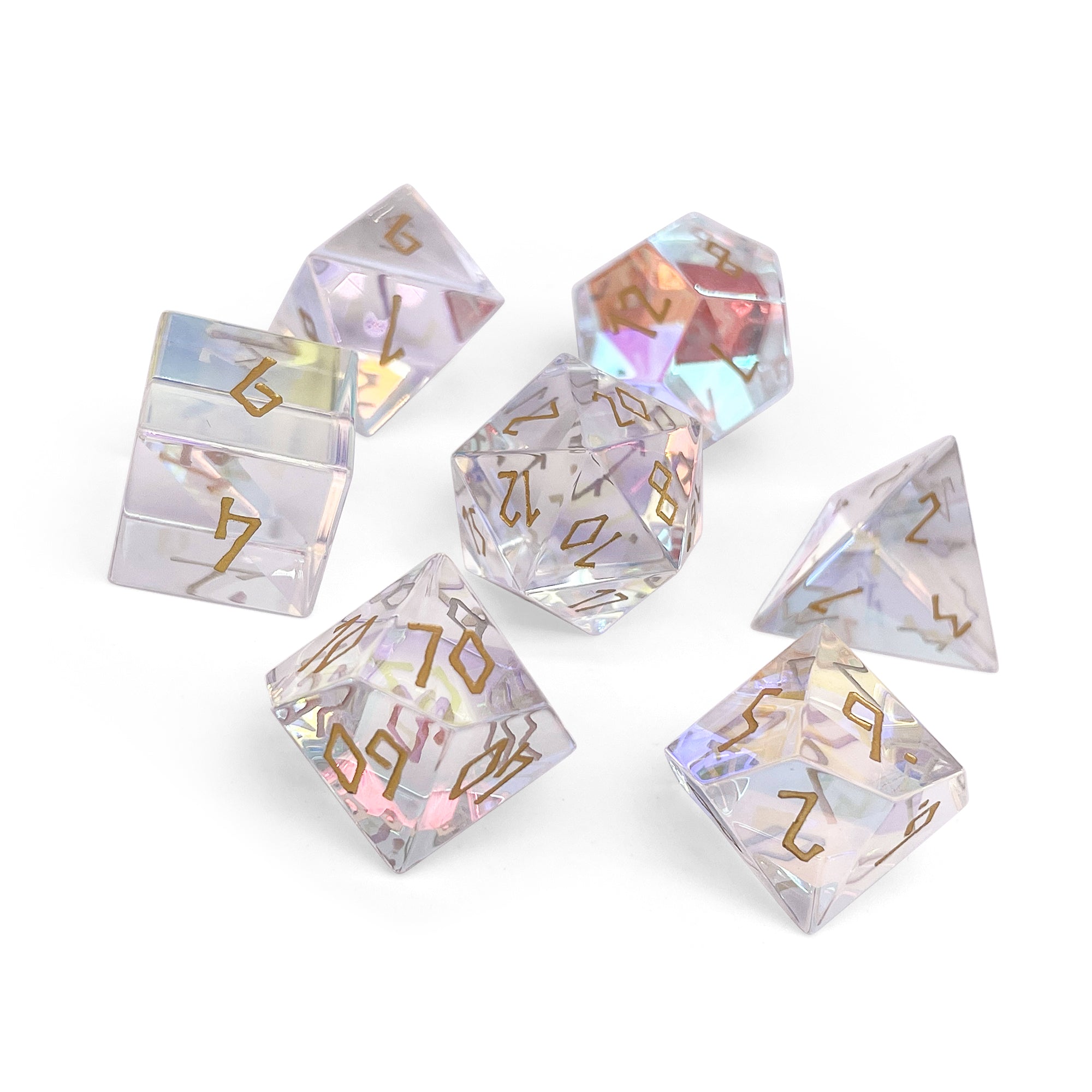 K9 Rainbow Glass - Gold Font - 7 Piece RPG Set Glass Dice-Glass Dice-Norse Foundry-Norse Foundry-k9 glass dice-dungeons & dragons-d&d dice set-rpg dice set-glass dice set-d&d-perfect for tabletop rpgs