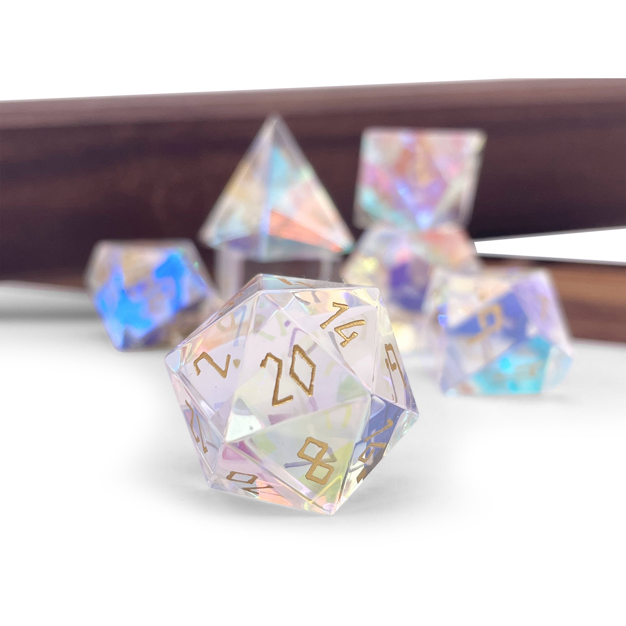 K9 Rainbow Glass - Gold Font - 7 Piece RPG Set Glass Dice-Glass Dice-Norse Foundry-Norse Foundry-k9 glass dice-dungeons & dragons-d&d dice set-rpg dice set-glass dice set-d&d-perfect for tabletop rpgs