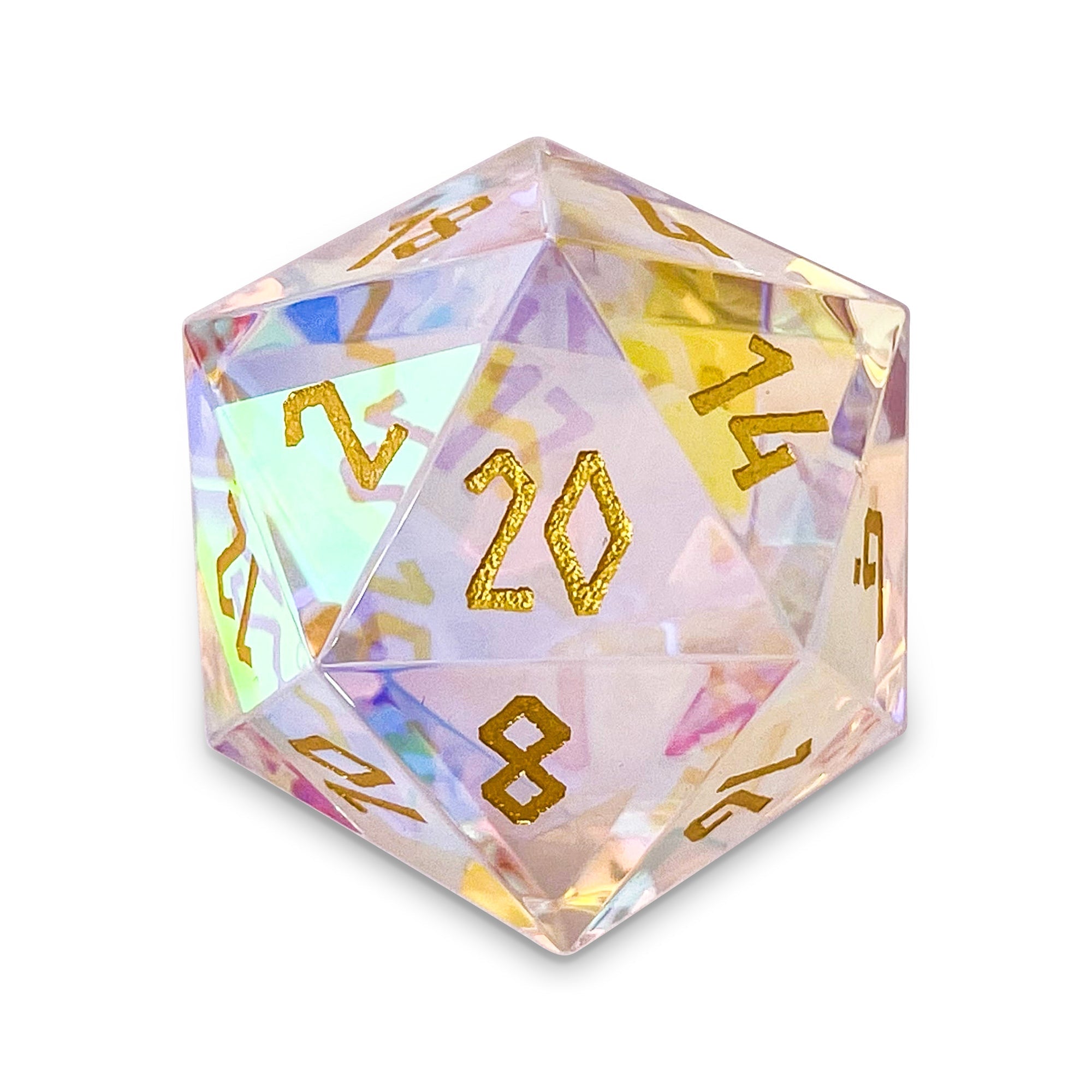 K9 Rainbow Glass - Gold Font Boulder® 30mm Glass Dice-Glass Dice-Norse Foundry-Norse Foundry-dungeons & dragons-d&d dice-rpg dice-d20-glass dice-d&d-30mm-boulder-perfect for tabletop rpgs