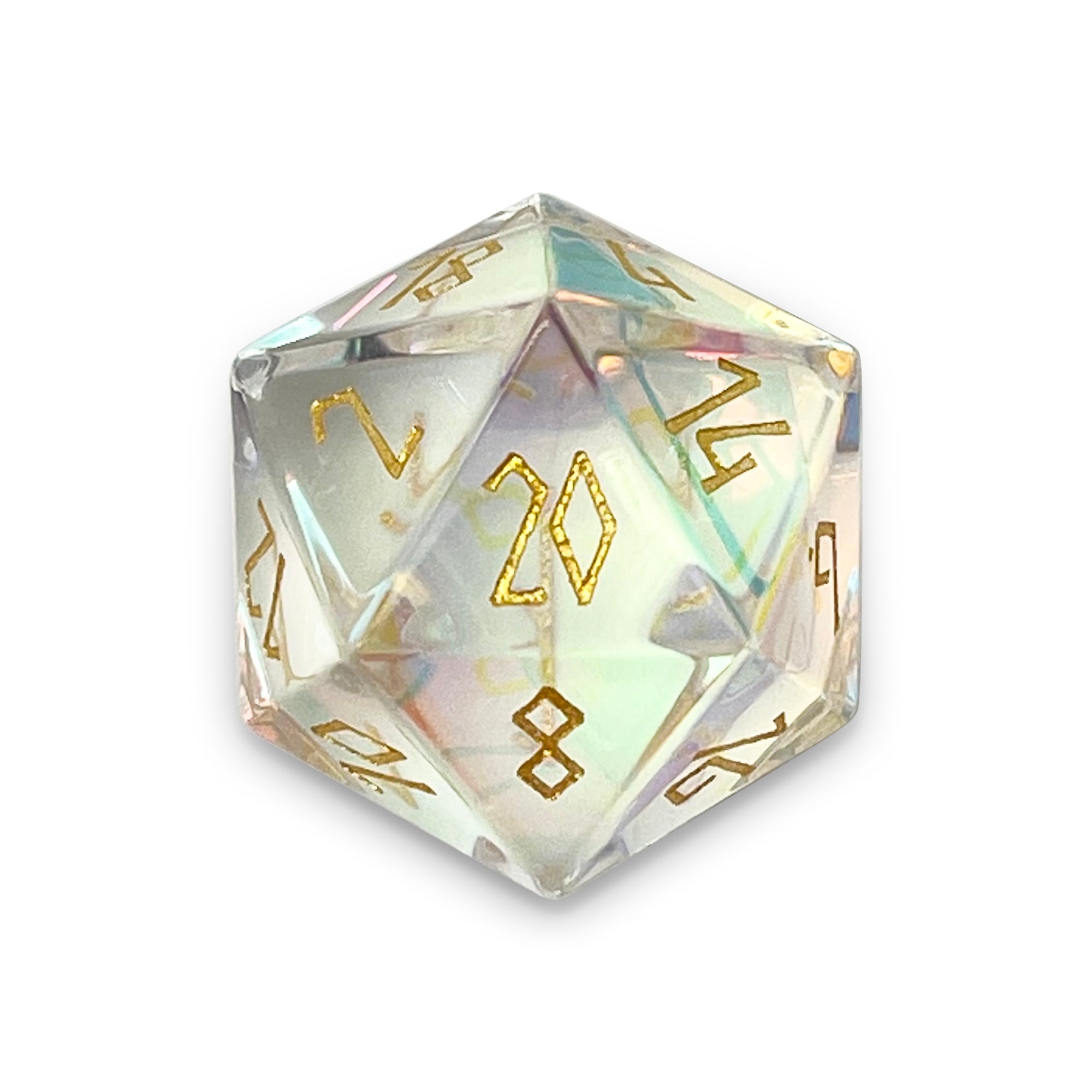 K9 Rainbow Glass - Single D20 Glass Dice-Glass Dice-Norse Foundry-Gold Font-Norse Foundry-dungeons & dragons-d&d dice-rpg d20-glass d20-d&d-d20-perfect for tabletop rpgs