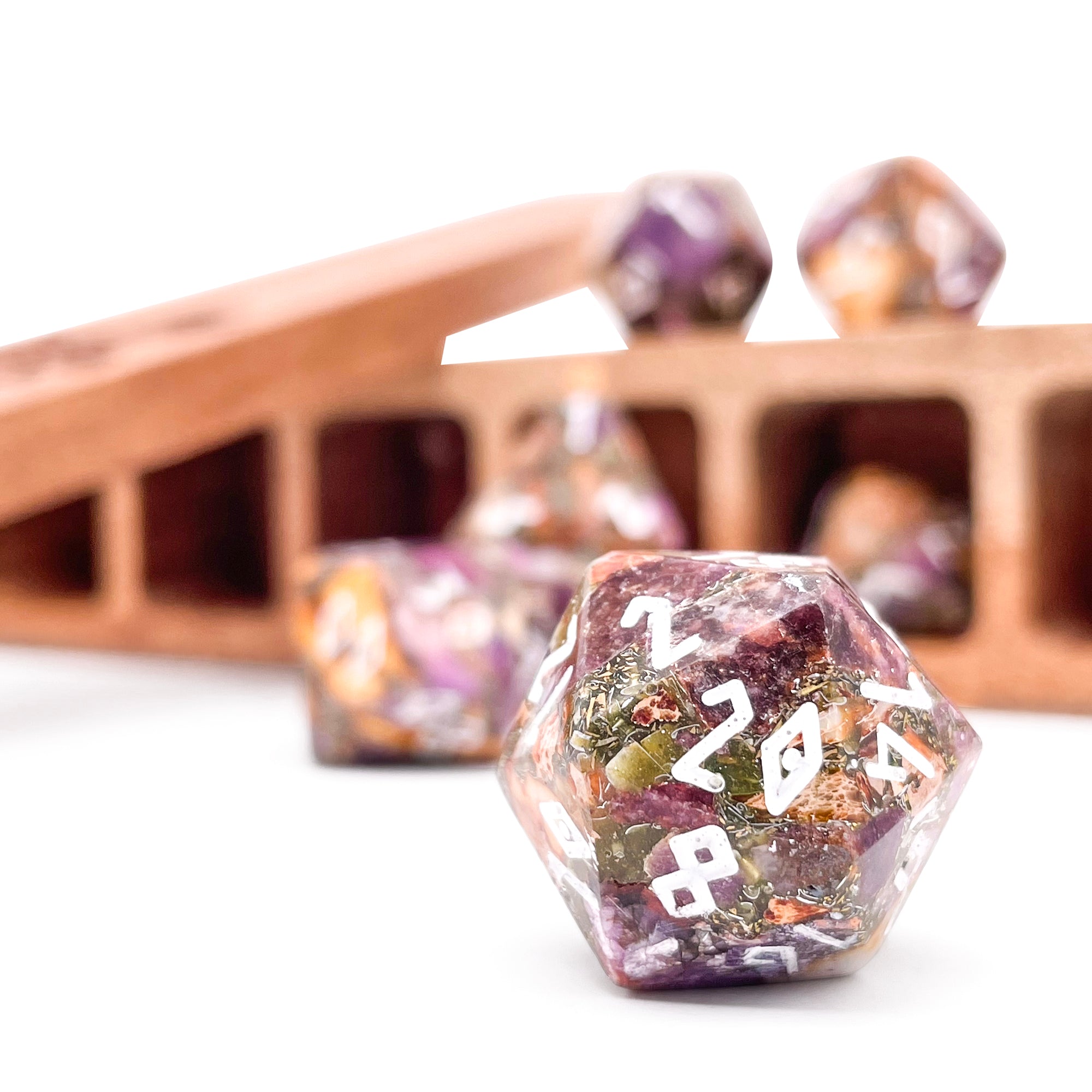 Lepidolite Orange Imperial Jasper - 7 Piece RPG Set TruStone Dice-TruStone Dice-Norse Foundry-Norse Foundry-gemstone dice-dungeons & dragons-d&d dice set-rpg dice set-gemstone dice set-d&d-perfect for tabletop rpgs