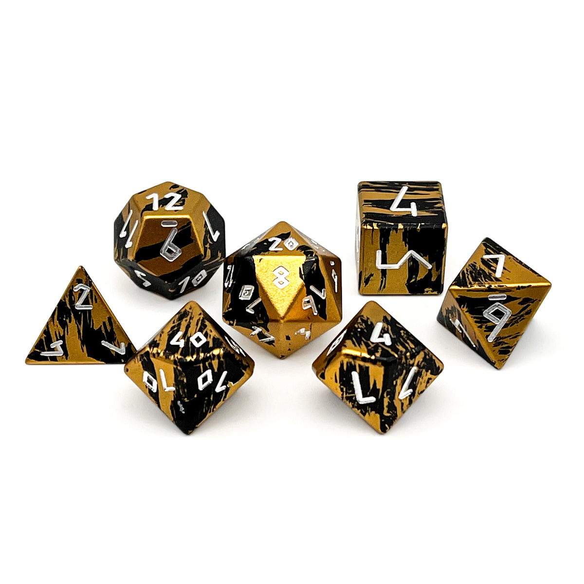 Liquid Gold - 7 Piece RPG Set 6063 Aluminum Layered Dice-Aluminum Dice-Norse Foundry-Norse Foundry-aluminum dice-dungeons & dragons-d&d dice set-rpg dice set-aluminum d&d dice set-d&d-lightweight-perfect for tabletop rpgs