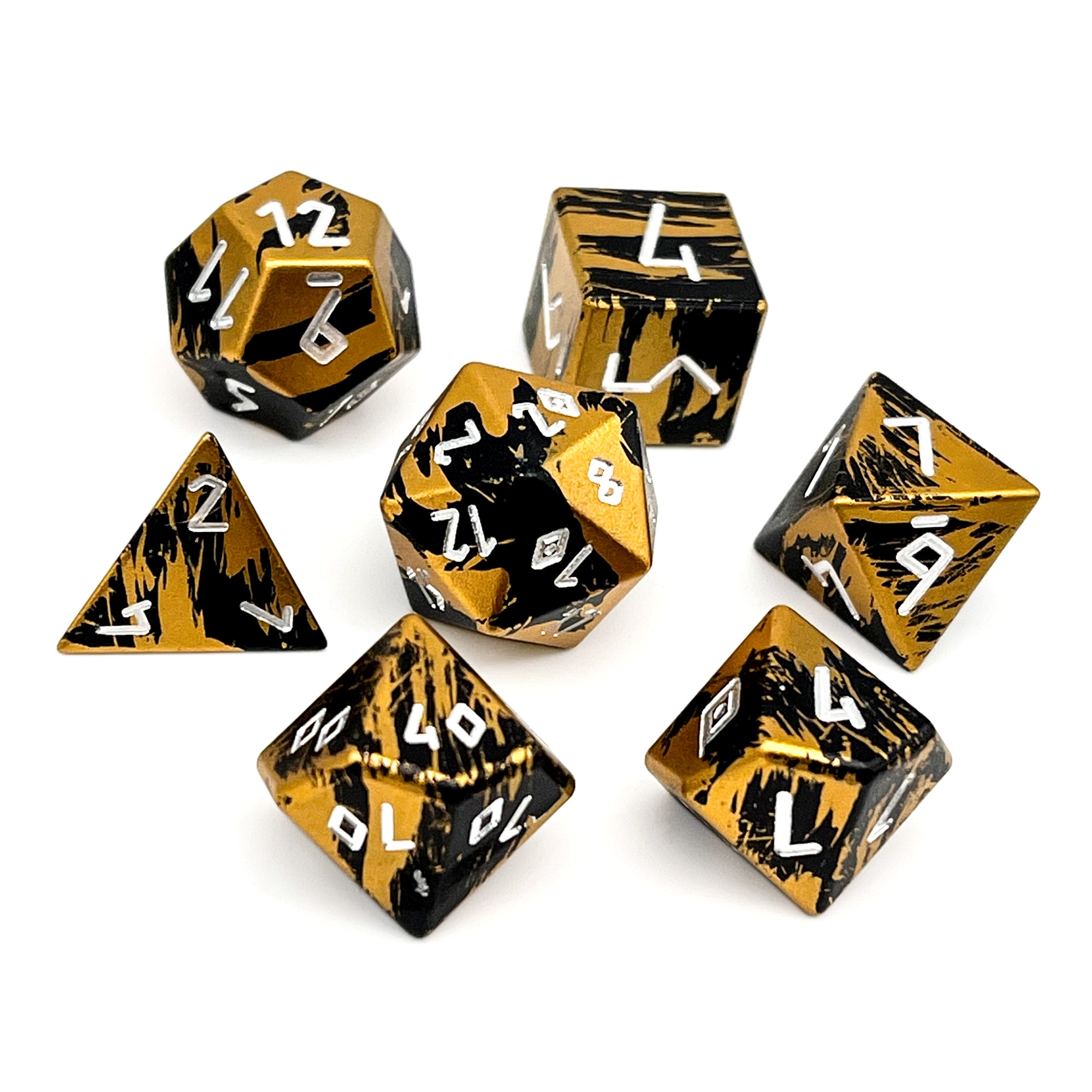 Liquid Gold - 7 Piece RPG Set 6063 Aluminum Layered Dice-Aluminum Dice-Norse Foundry-Norse Foundry-aluminum dice-dungeons & dragons-d&d dice set-rpg dice set-aluminum d&d dice set-d&d-lightweight-perfect for tabletop rpgs