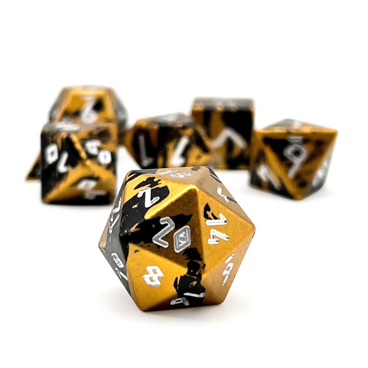 Liquid Gold - 7 Piece RPG Set 6063 Aluminum Layered Dice-Aluminum Dice-Norse Foundry-Norse Foundry-aluminum dice-dungeons & dragons-d&d dice set-rpg dice set-aluminum d&d dice set-d&d-lightweight-perfect for tabletop rpgs