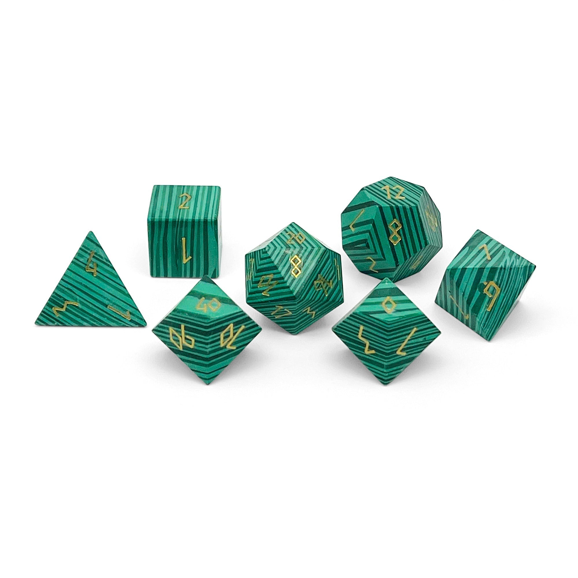 Malachite - Gold Font 7 Piece RPG Set Gemstone Dice-Gemstone Dice-Norse Foundry-Gemstone Dice-Dungeons & Dragons Dice-Gem Dice-DnD Dice-Gaming Dice-Perfect for Tabletop RPGs-Dice Set