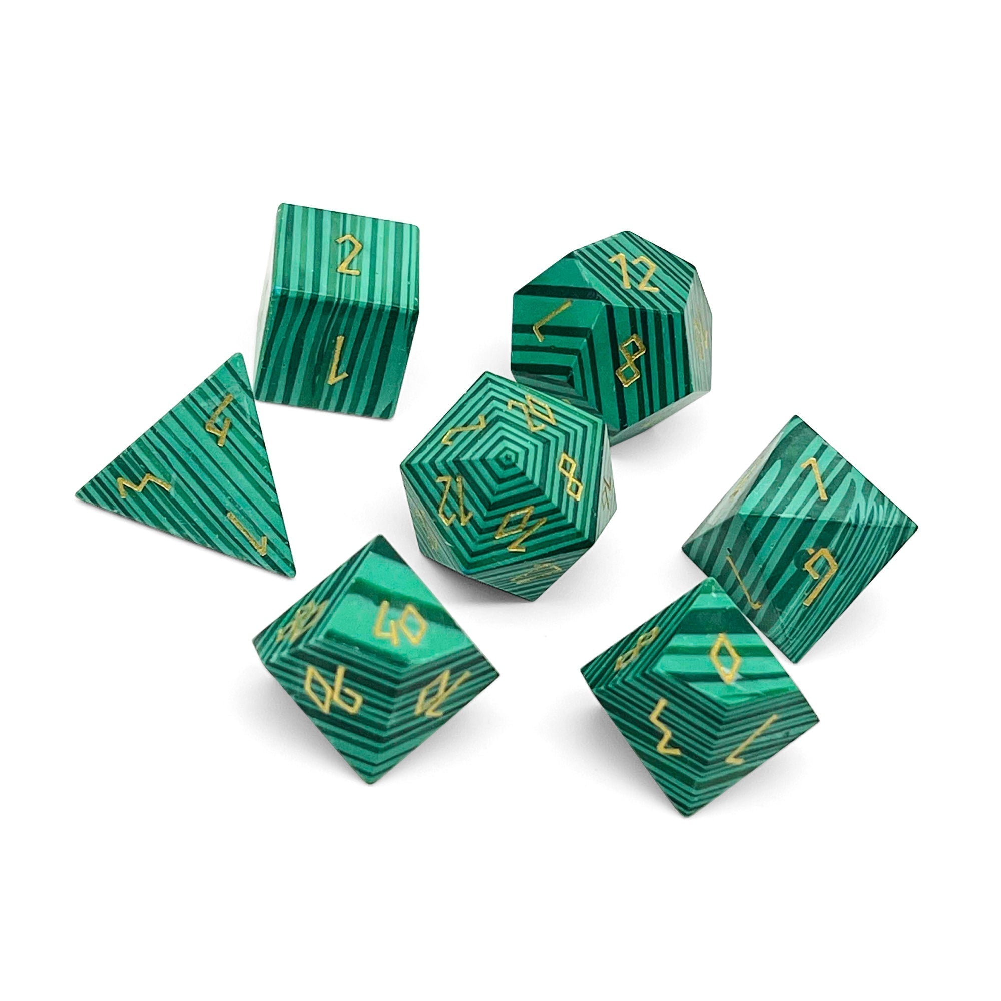Malachite - Gold Font 7 Piece RPG Set Gemstone Dice-Gemstone Dice-Norse Foundry-Gemstone Dice-Dungeons & Dragons Dice-Gem Dice-DnD Dice-Gaming Dice-Perfect for Tabletop RPGs-Dice Set
