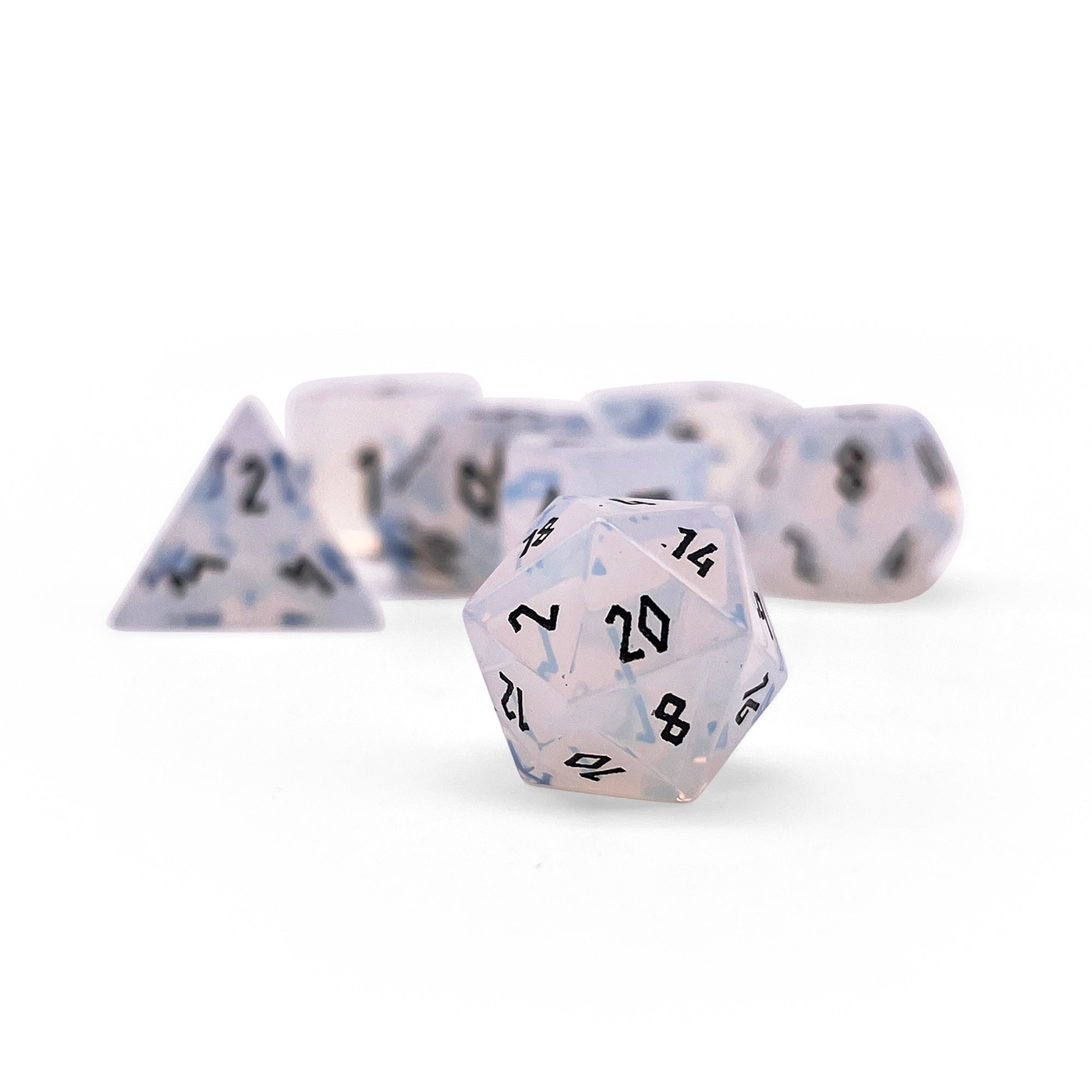 Opalite - Black Font Pebble RPG Set Gemstone Dice-Pebbles-Norse Foundry-Norse Foundry-dungeons & dragons-d&d dice set-rpg dice set-gemstone dice set-d&d-mini dice set-10mm to 12mm-perfect for tabletop rpgs