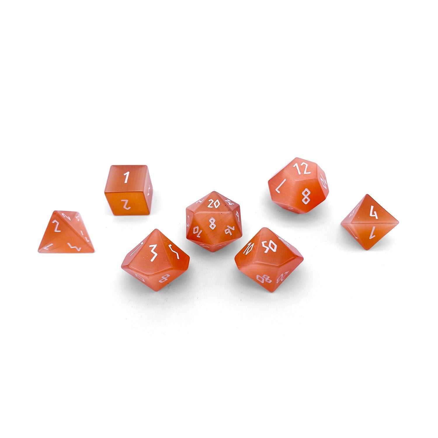 Orange Cats Eye - 7 Piece RPG Set Glass Dice-Glass Dice-Norse Foundry-Norse Foundry-cat's eye glass dice-dungeons & dragons-d&d dice set-rpg dice set-glass dice set-d&d-perfect for tabletop rpgs