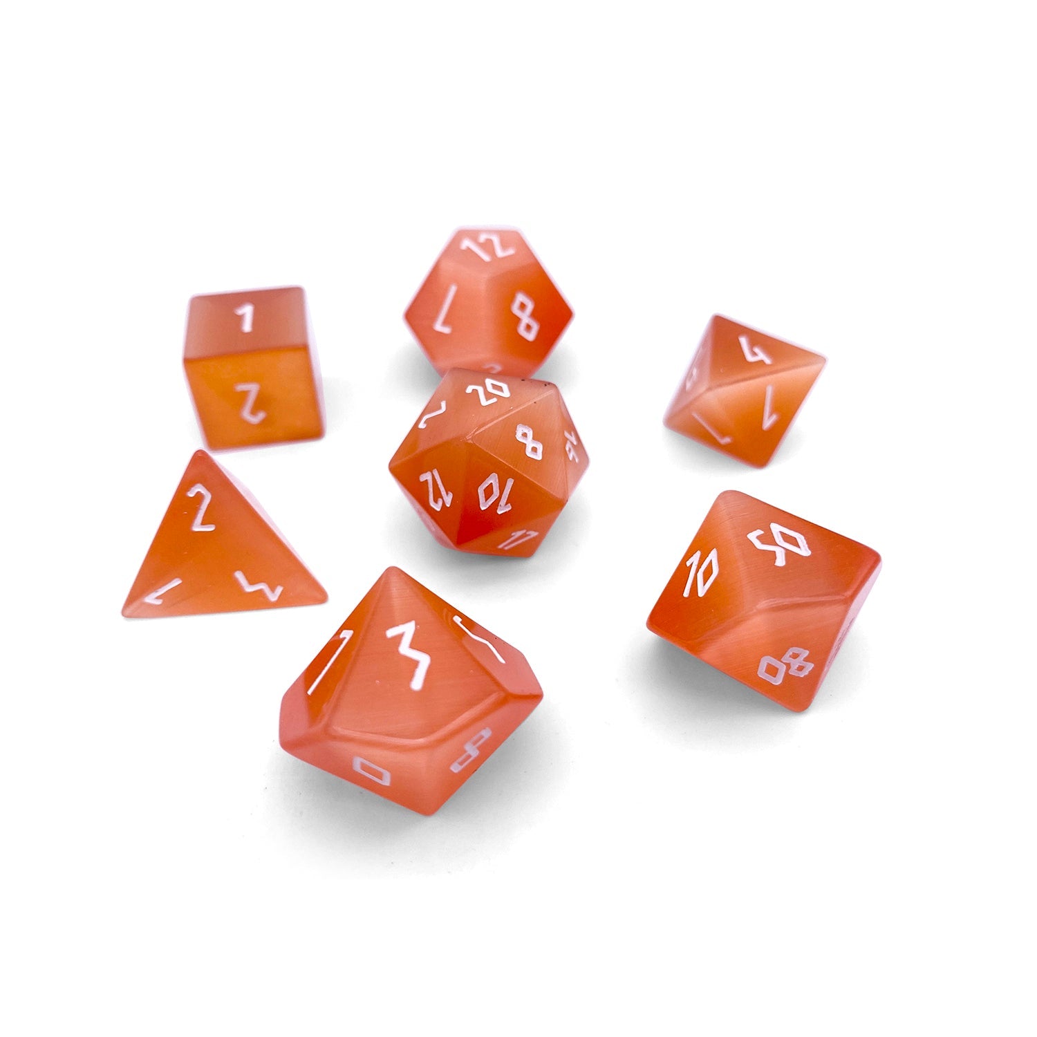 Orange Cats Eye - 7 Piece RPG Set Glass Dice-Glass Dice-Norse Foundry-Norse Foundry-cat's eye glass dice-dungeons & dragons-d&d dice set-rpg dice set-glass dice set-d&d-perfect for tabletop rpgs