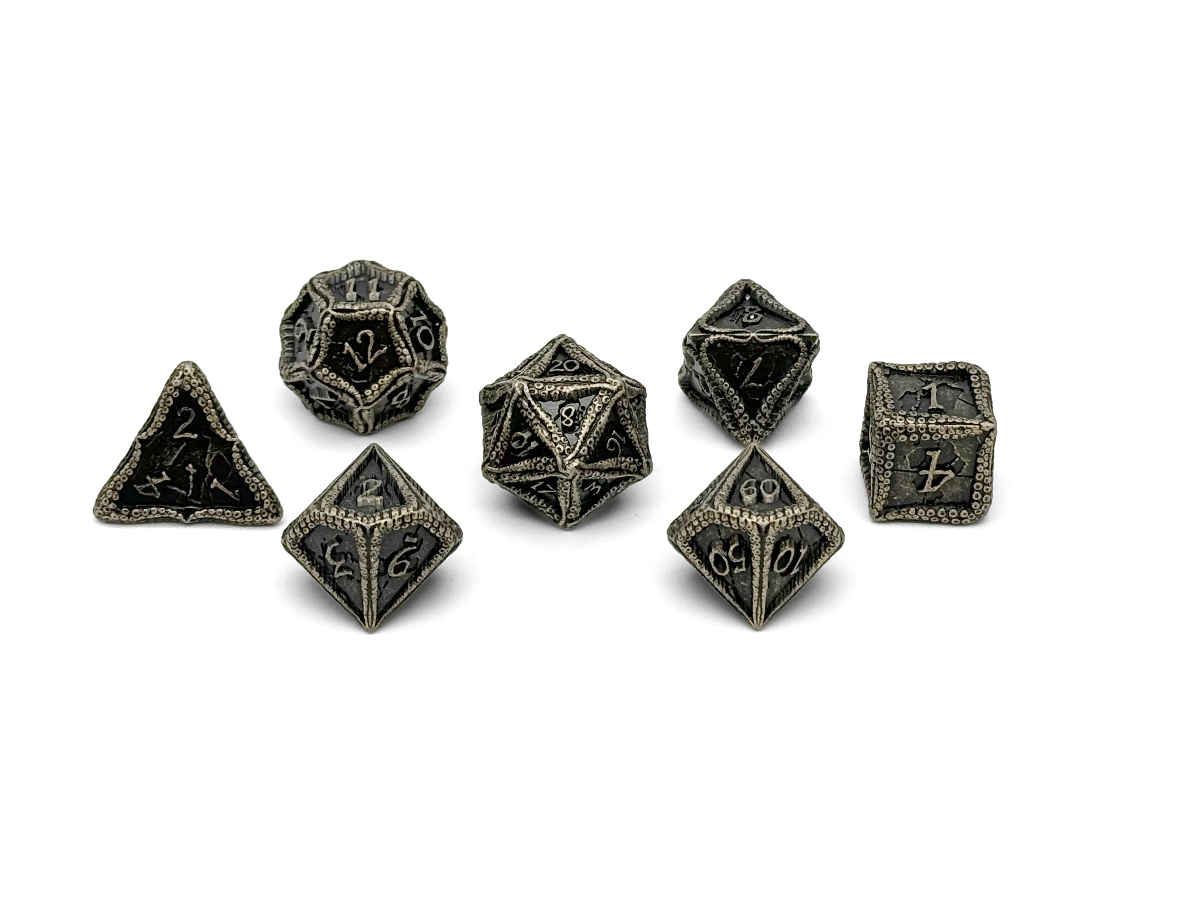 Pirate Dice - Pieces of 8 7 Piece RPG set Alloy Metal Dice-Metal - Zinc Alloy Dice-Norse Foundry-Norse Foundry-dungeons & dragons-d&d dice set-rpg dice set-d20-metal dice set-d&d-treasure chest tin-perfect for tabletop rpgs