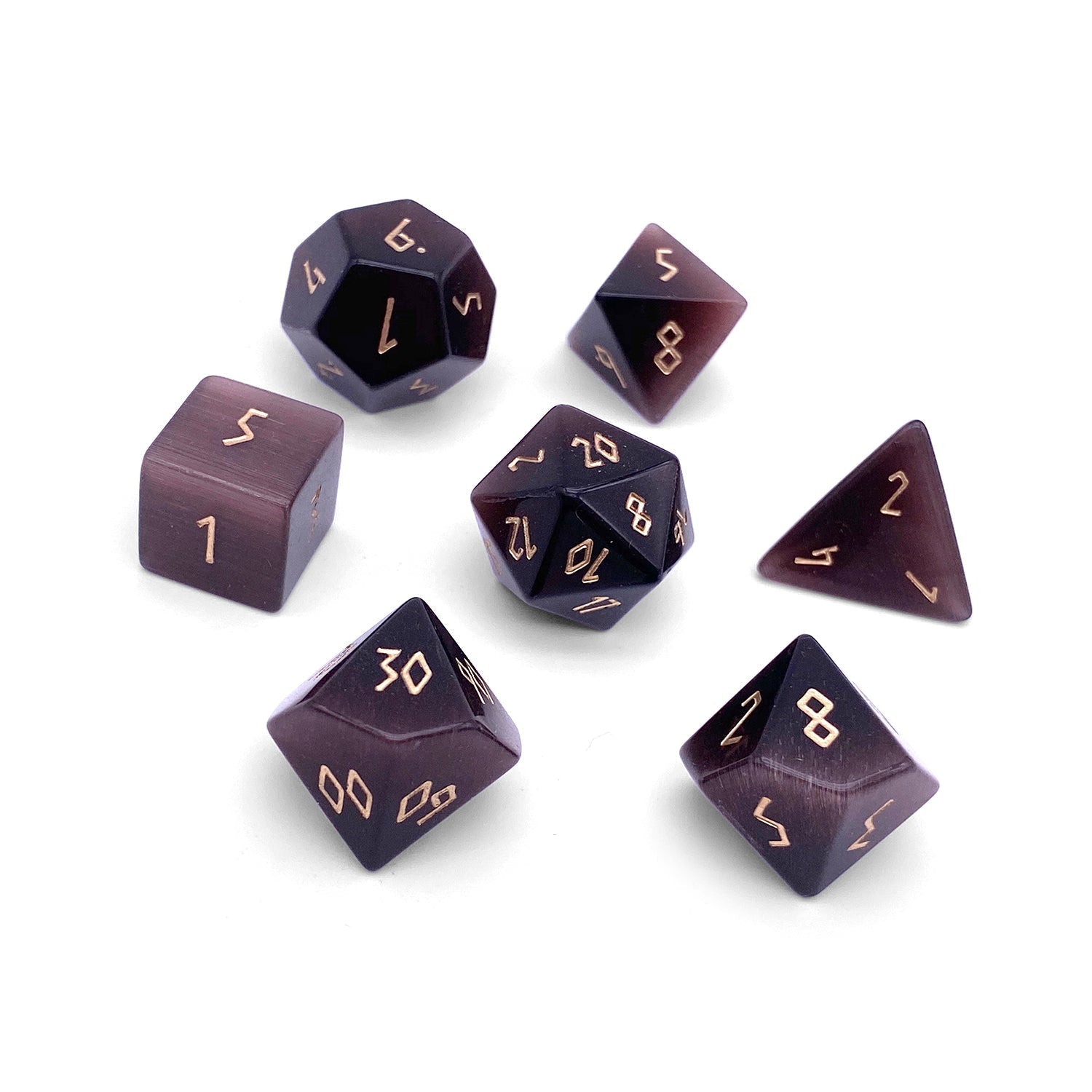 Purple Cats Eye - 7 Piece RPG Set Glass Dice-Glass Dice-Norse Foundry-Norse Foundry-cat's eye glass dice-dungeons & dragons-d&d dice set-rpg dice set-glass dice set-d&d-perfect for tabletop rpgs