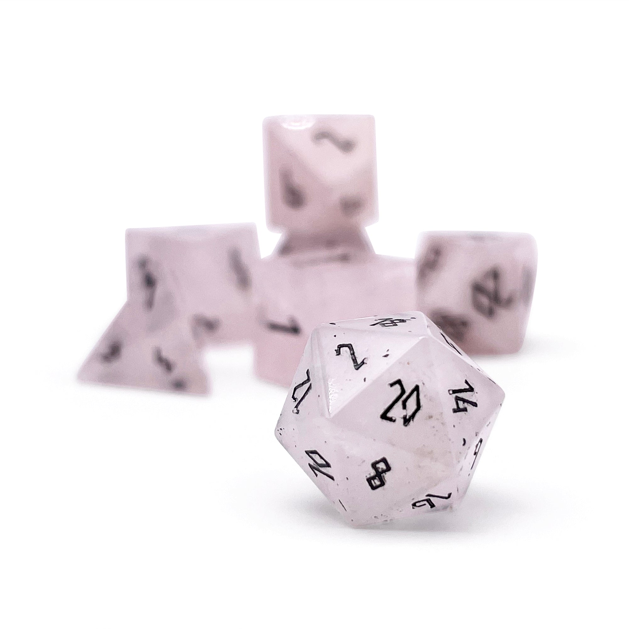 Rose Quartz - Black Font Pebble RPG Set Gemstone Dice-Pebbles-Norse Foundry-Norse Foundry-dungeons & dragons-d&d dice set-rpg dice set-gemstone dice set-d&d-mini dice set-10mm to 12mm-perfect for tabletop rpgs