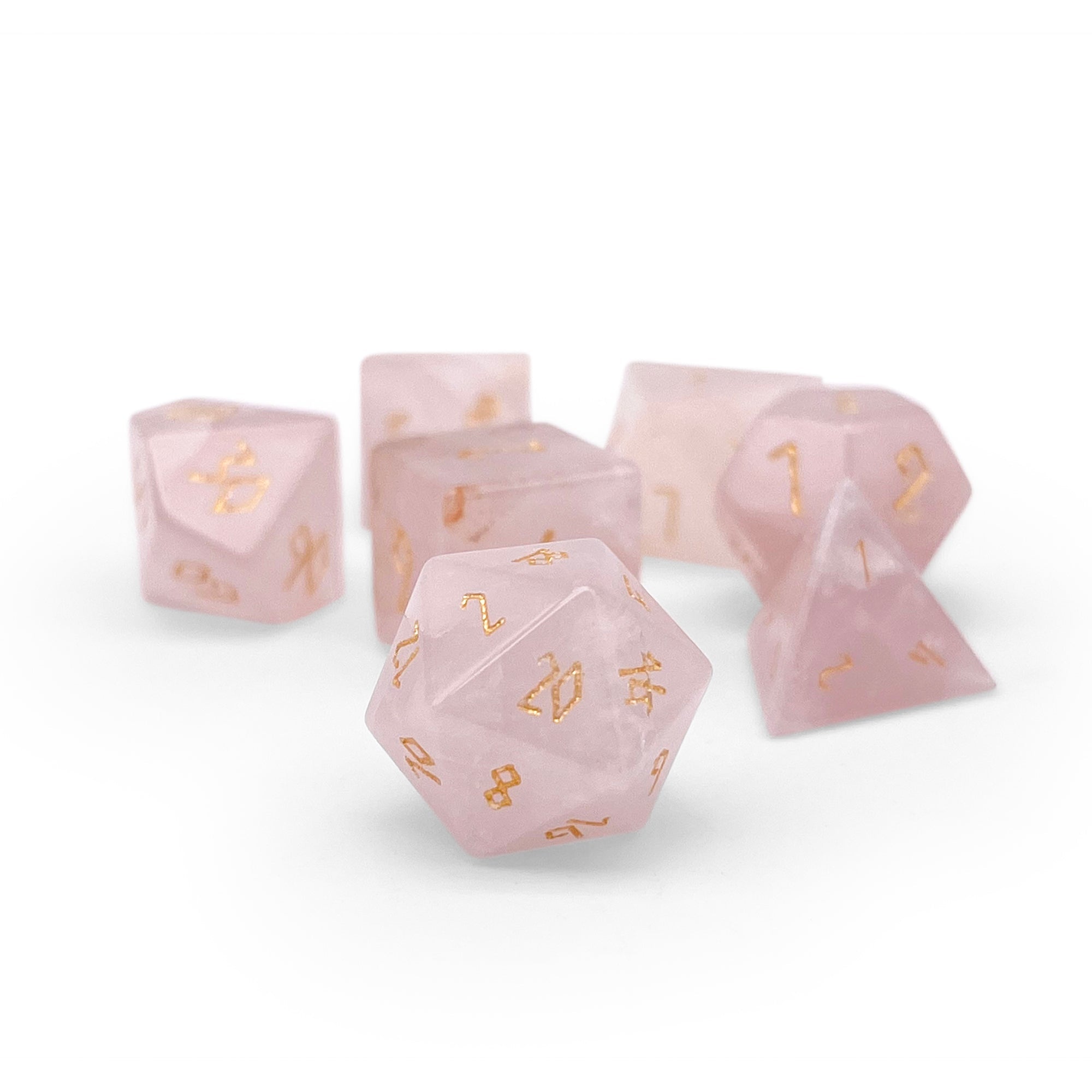 Rose Quartz - Gold Font Pebble RPG Set Gemstone Dice-Pebbles-Norse Foundry-Norse Foundry-dungeons & dragons-d&d dice set-rpg dice set-gemstone dice set-d&d-mini dice set-10mm to 12mm-perfect for tabletop rpgs