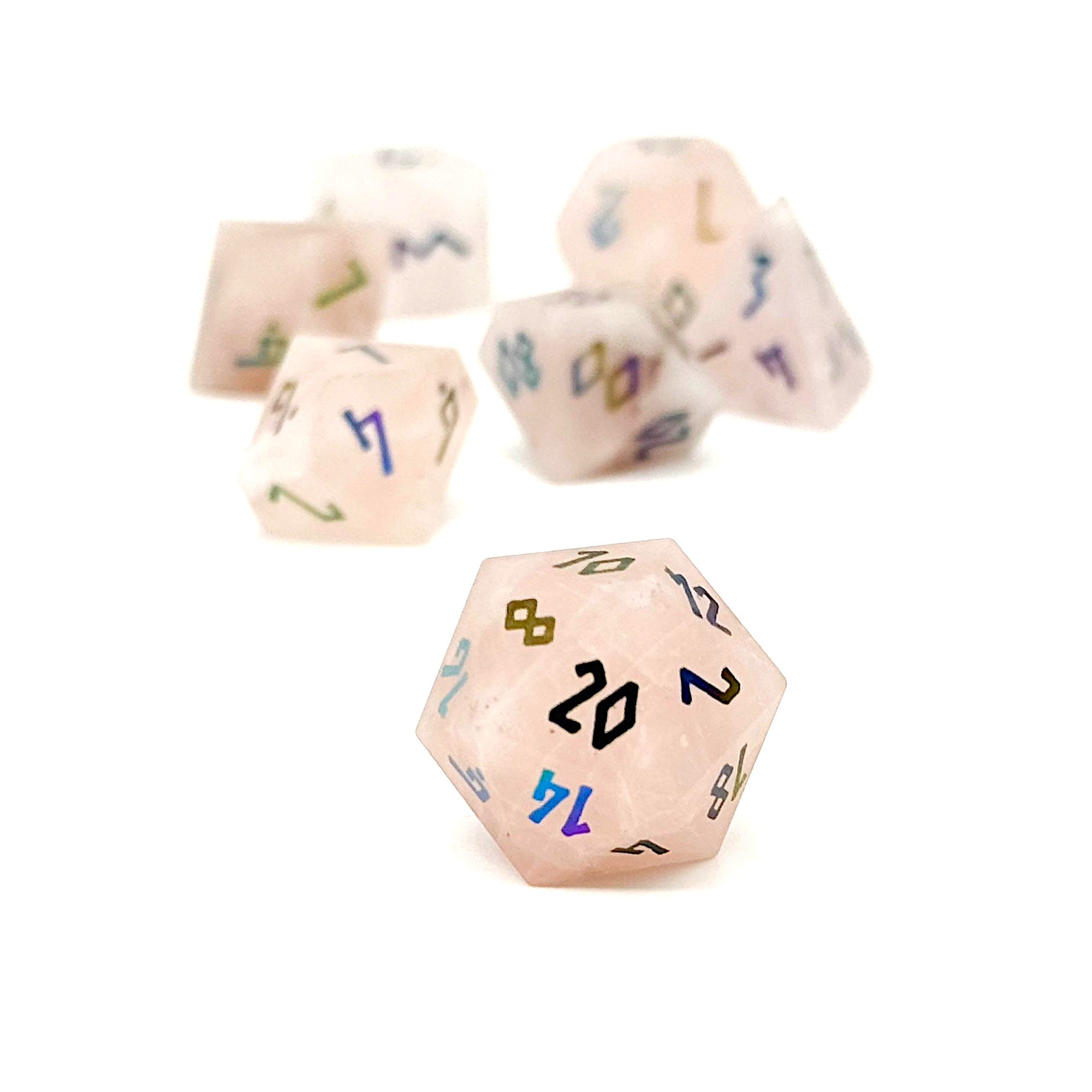Rose Quartz - Raised Holographic 7 Piece RPG Set Gemstone Dice-Gemstone Dice-Norse Foundry-Gemstone Dice-Dungeons & Dragons Dice-Gem Dice-DnD Dice-Gaming Dice-Perfect for Tabletop RPGs-Dice Set