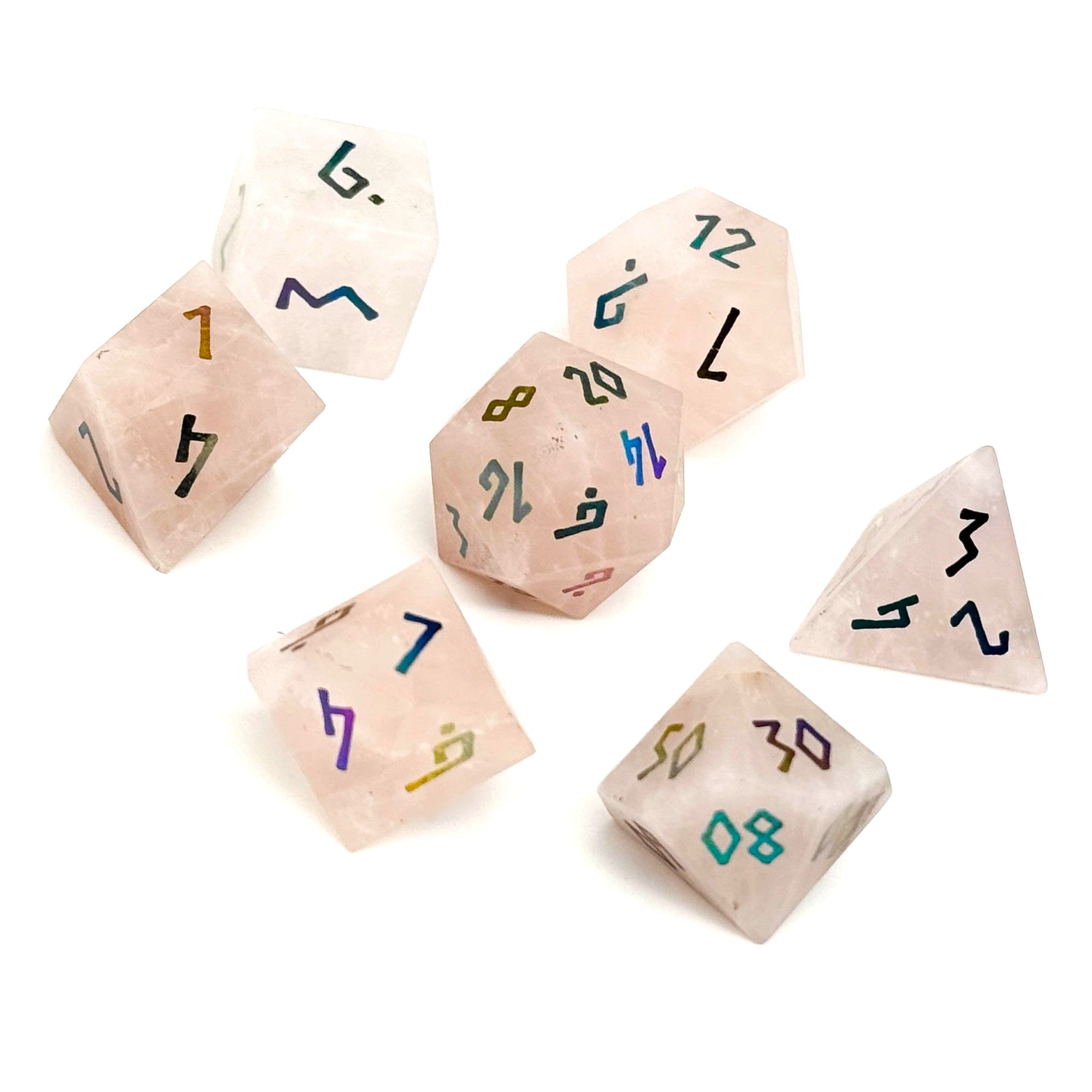 Rose Quartz - Raised Holographic 7 Piece RPG Set Gemstone Dice-Gemstone Dice-Norse Foundry-Gemstone Dice-Dungeons & Dragons Dice-Gem Dice-DnD Dice-Gaming Dice-Perfect for Tabletop RPGs-Dice Set