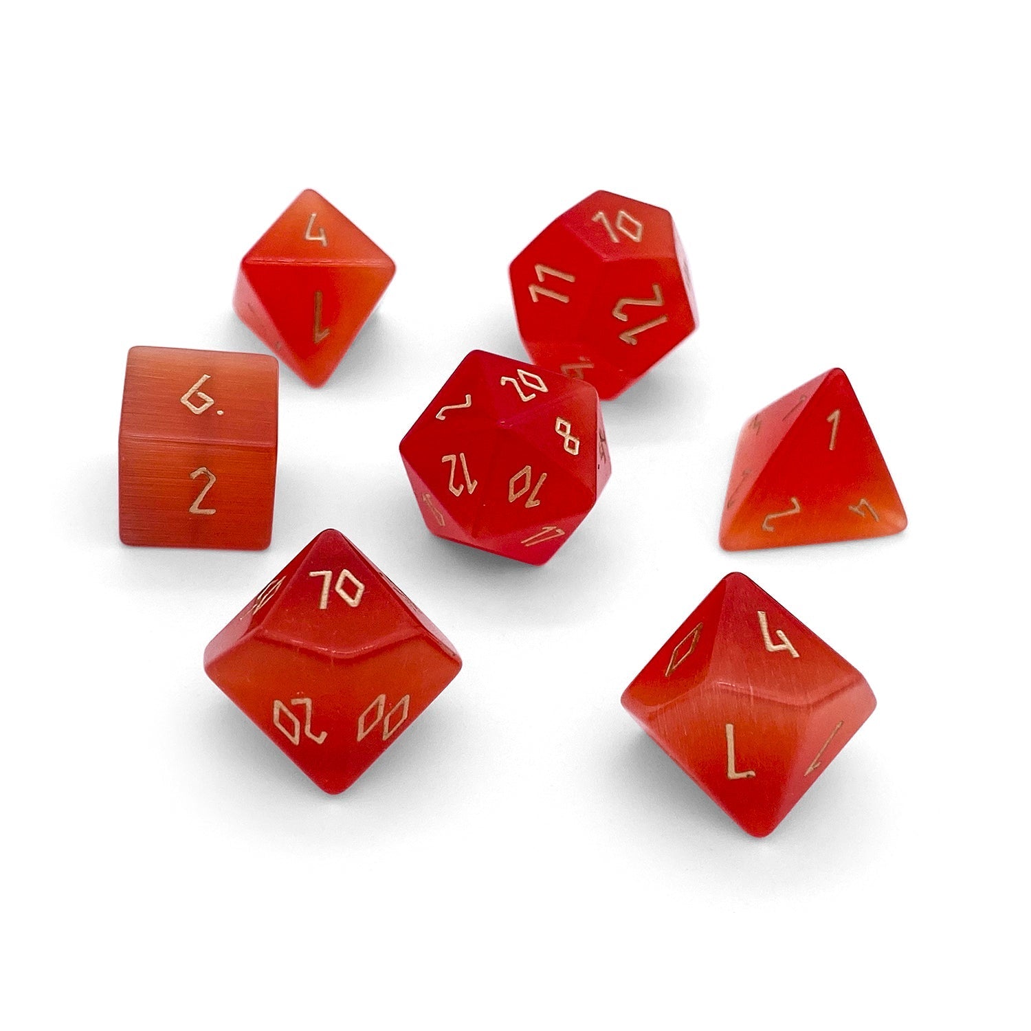 Ruby Cats Eye - 7 Piece RPG Set Glass Dice-Glass Dice-Norse Foundry-Norse Foundry-cat's eye glass dice-dungeons & dragons-d&d dice set-rpg dice set-glass dice set-d&d-perfect for tabletop rpgs
