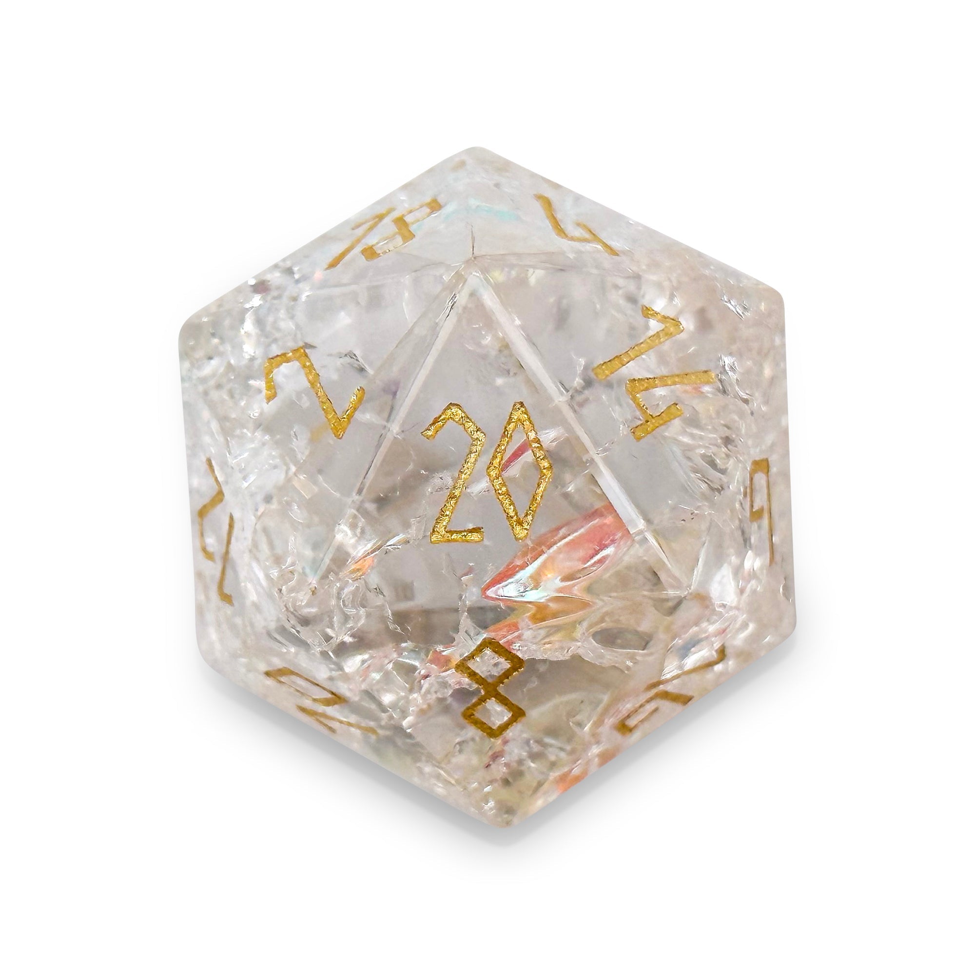 Shattered K9 Rainbow Glass - Gold Font Boulder® 30mm Glass Dice-Glass Dice-Norse Foundry-Norse Foundry-dungeons & dragons-d&d dice-rpg dice-d20-glass dice-d&d-30mm-boulder-perfect for tabletop rpgs