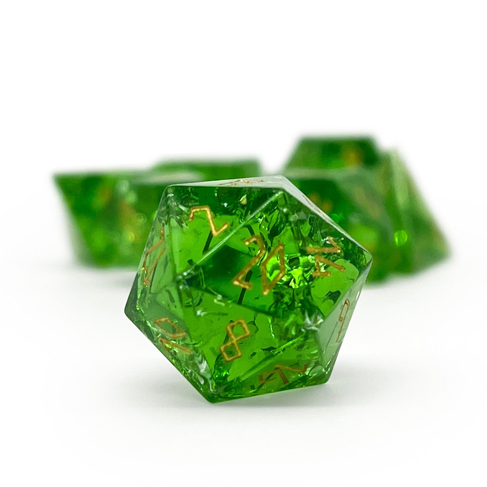 Shattered Zircon Emerald - Gold Font 7 Piece RPG Set Zircon Glass Dice-Glass Dice-Norse Foundry-Norse Foundry-zircon glass dice-dungeons & dragons-d&d dice set-rpg dice set-glass dice set-d&d-perfect for tabletop rpgs