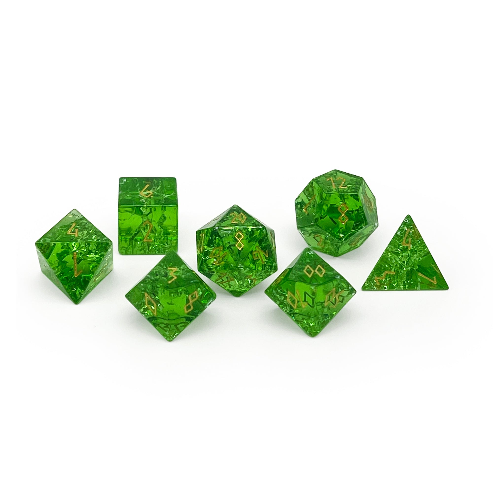 Shattered Zircon Emerald - Gold Font 7 Piece RPG Set Zircon Glass Dice-Glass Dice-Norse Foundry-Norse Foundry-zircon glass dice-dungeons & dragons-d&d dice set-rpg dice set-glass dice set-d&d-perfect for tabletop rpgs