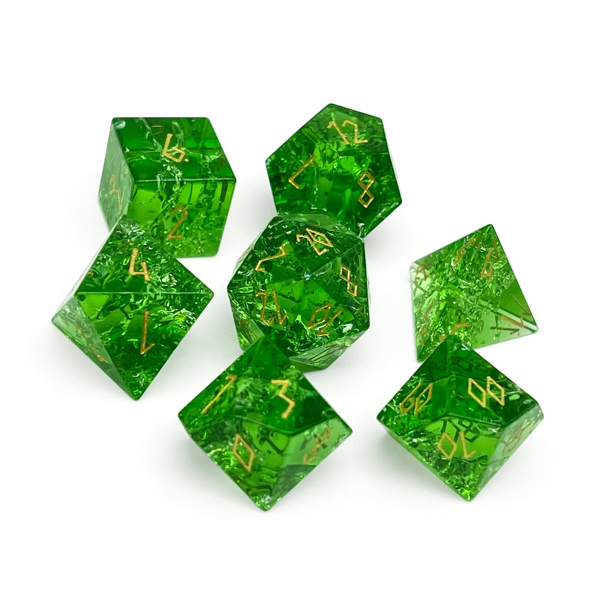 Shattered Zircon Emerald - Gold Font 7 Piece RPG Set Zircon Glass Dice-Glass Dice-Norse Foundry-Norse Foundry-zircon glass dice-dungeons & dragons-d&d dice set-rpg dice set-glass dice set-d&d-perfect for tabletop rpgs