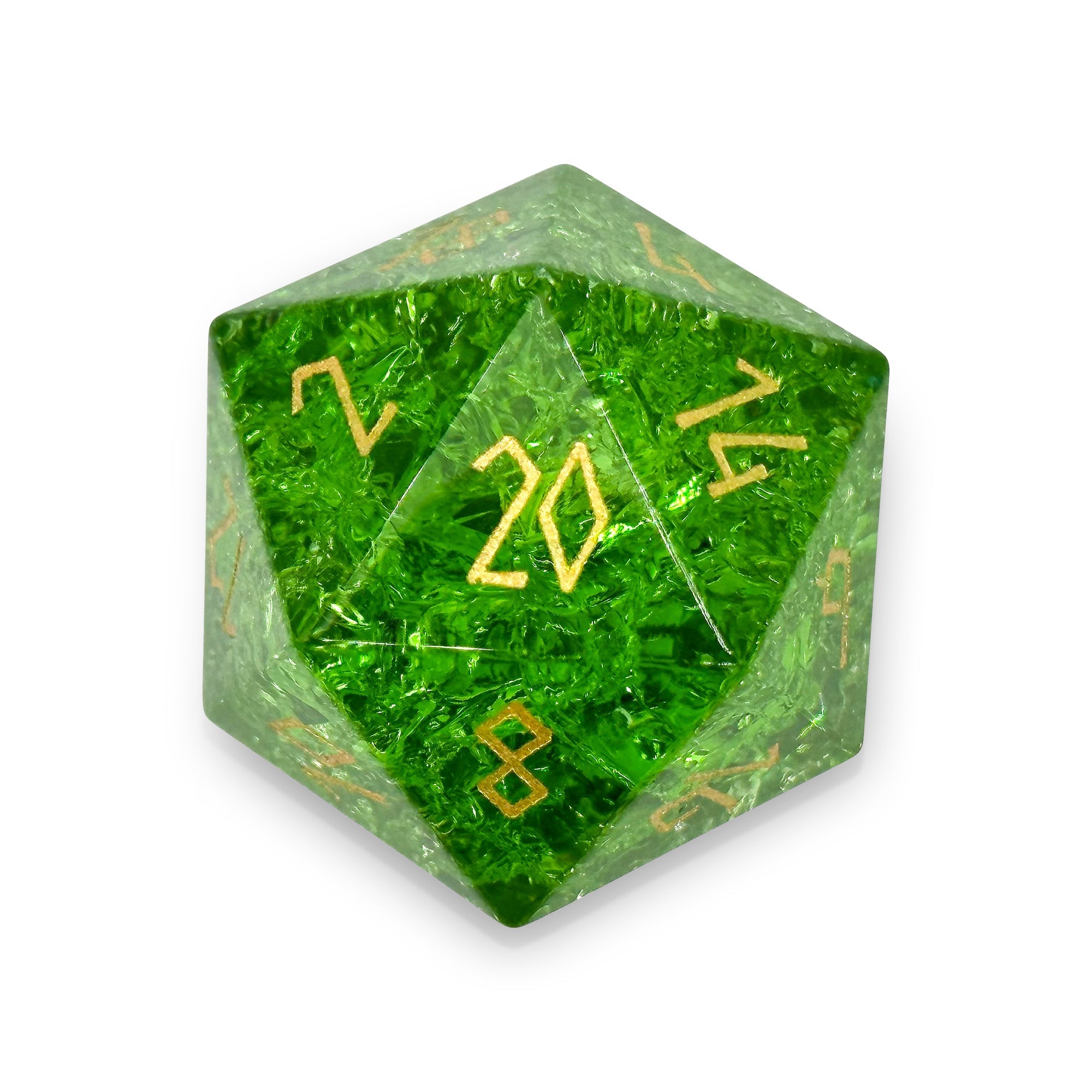 Shattered Zircon Emerald - Gold Font Boulder® 30mm Glass Dice-Glass Dice-Norse Foundry-Norse Foundry-dungeons & dragons-d&d dice-rpg dice-d20-glass dice-d&d-30mm-boulder-perfect for tabletop rpgs
