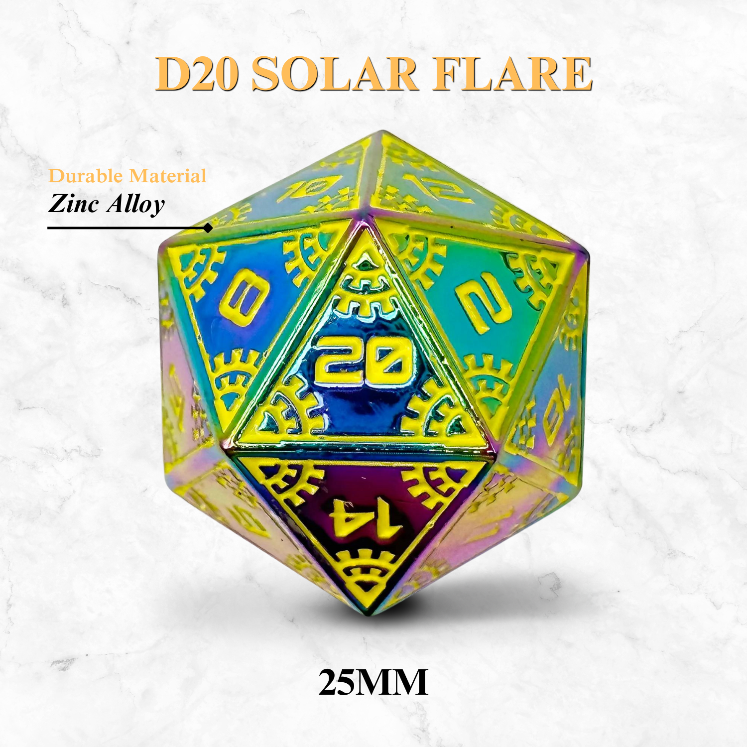 Space Dice Meteor Runestones™ - 25mm D20 - Solar Flare-Zinc Alloy Dice-Norse Foundry-Norse Foundry-dungeons & dragons-d&d dice-rpg dice-d20-metal dice-d&d-25mm-perfect for tabletop rpgs