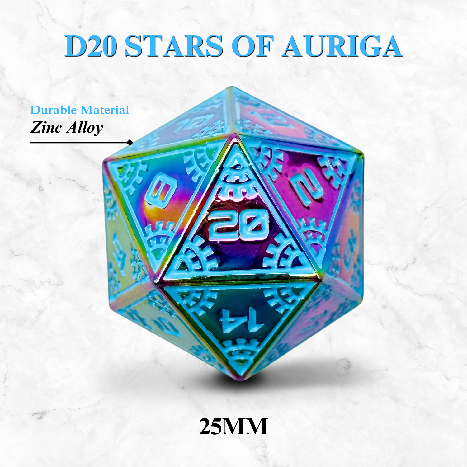 Space Dice Meteor Runestones™ - 25mm D20 - Stars of Auriga-Zinc Alloy Dice-Norse Foundry-Norse Foundry-dungeons & dragons-d&d dice-rpg dice-d20-metal dice-d&d-25mm-perfect for tabletop rpgs