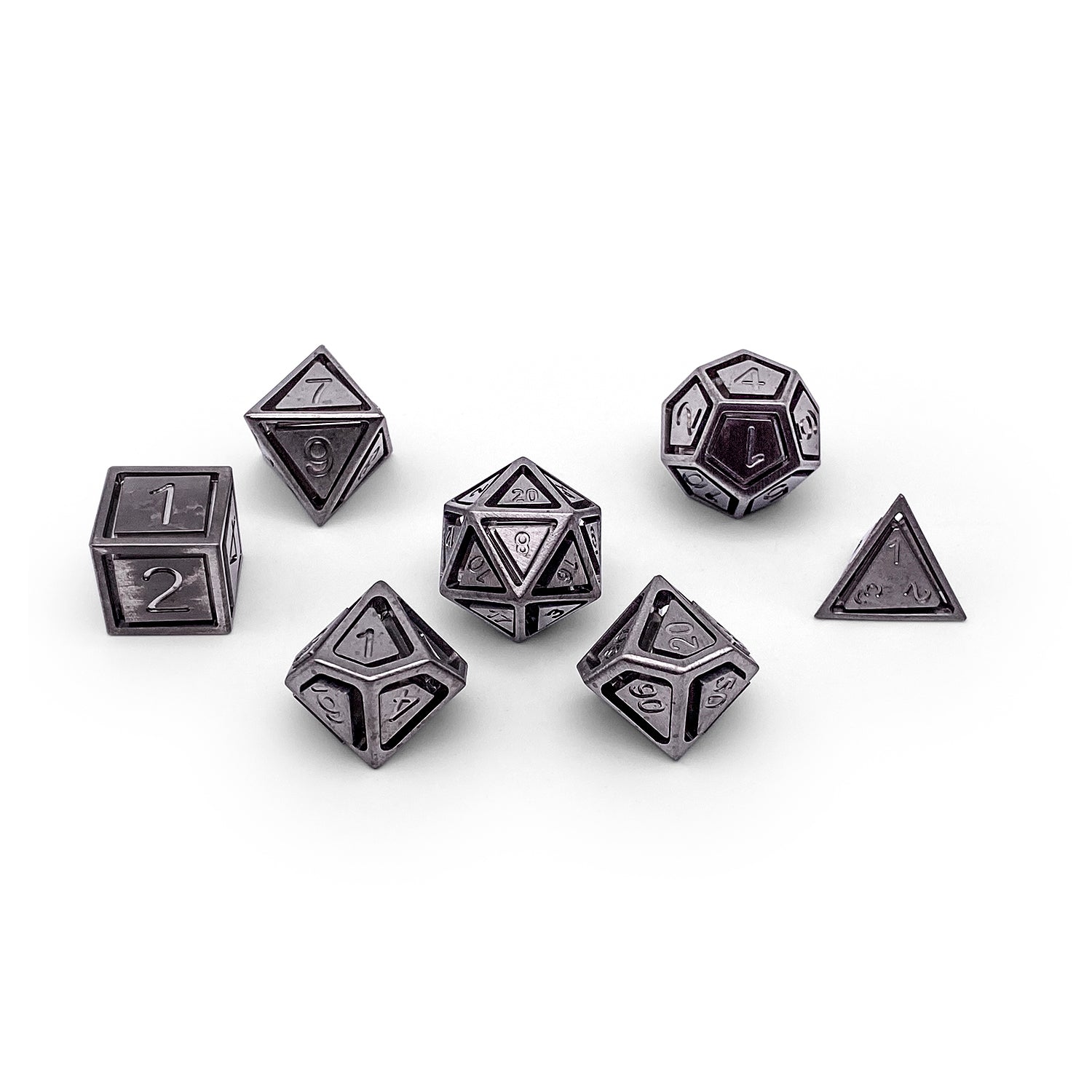 Stainless Steel - Nimbus™ 7 Piece RPG Set True Metal Dice-Metal Dice-Norse Foundry-Norse Foundry-dungeons & dragons-d&d dice set-rpg dice set-metal dice set-d&d-luxury dice-perfect for tabletop rpgs