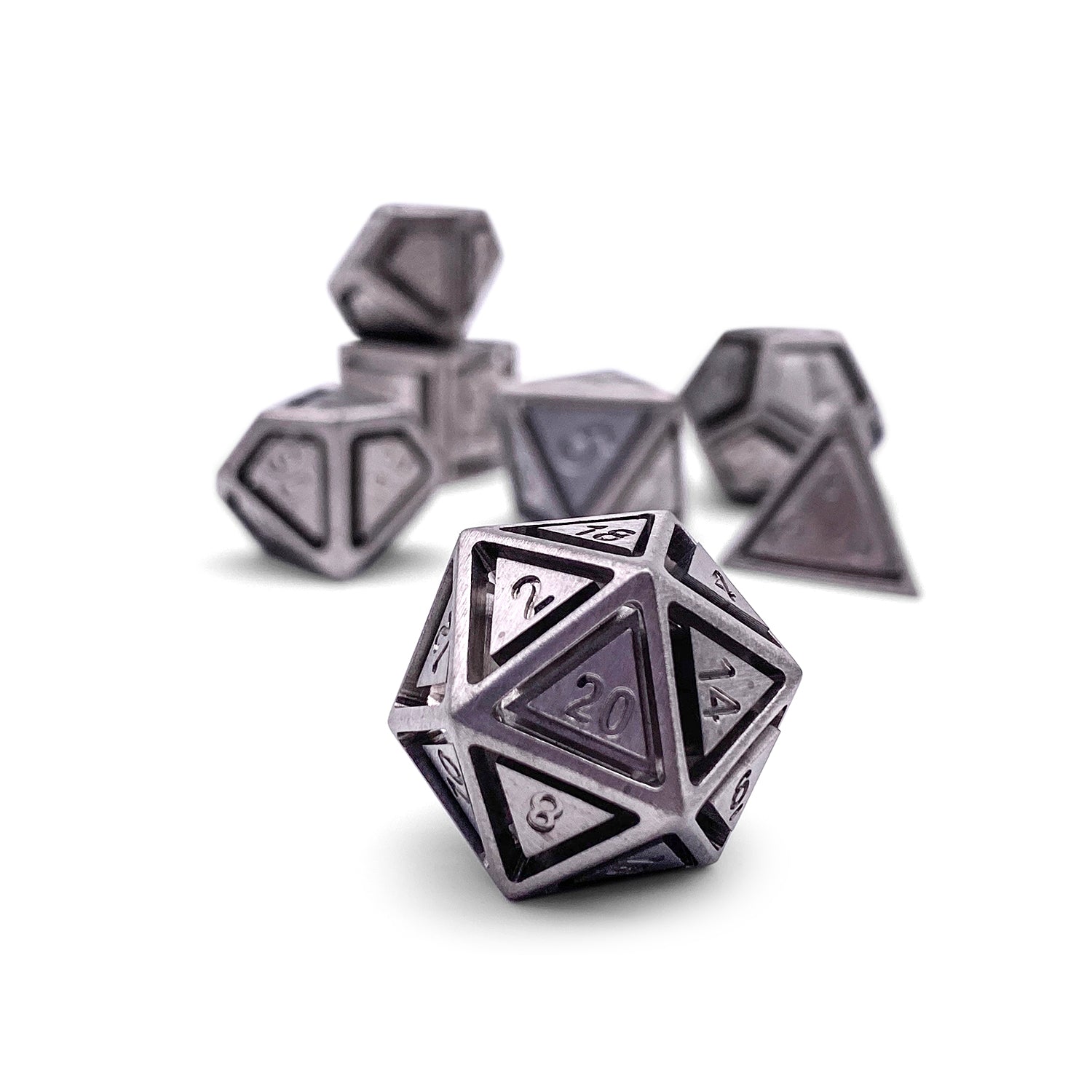 Stainless Steel - Nimbus™ 7 Piece RPG Set True Metal Dice-Metal Dice-Norse Foundry-Norse Foundry-dungeons & dragons-d&d dice set-rpg dice set-metal dice set-d&d-luxury dice-perfect for tabletop rpgs
