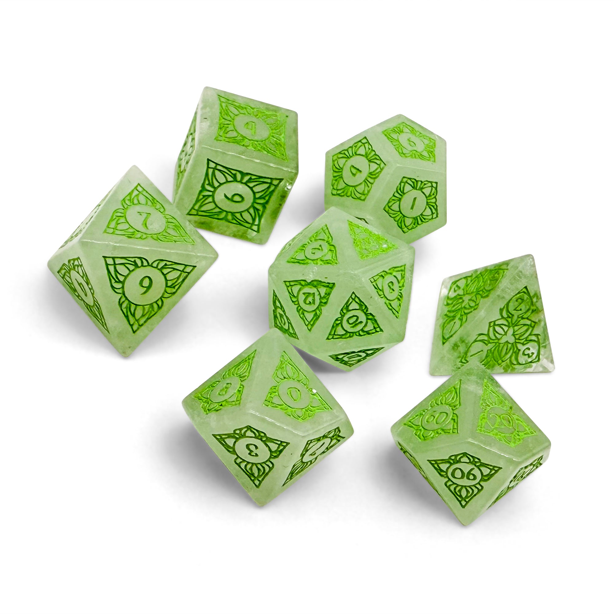 Sylvan Weaver - Clear Quartz - Green Font-Gemstone Dice-Norse Foundry-Norse Foundry-dungeons & dragons-d&d dice set-rpg dice set-gemstone dice set-d&d-perfect for tabletop rpgs