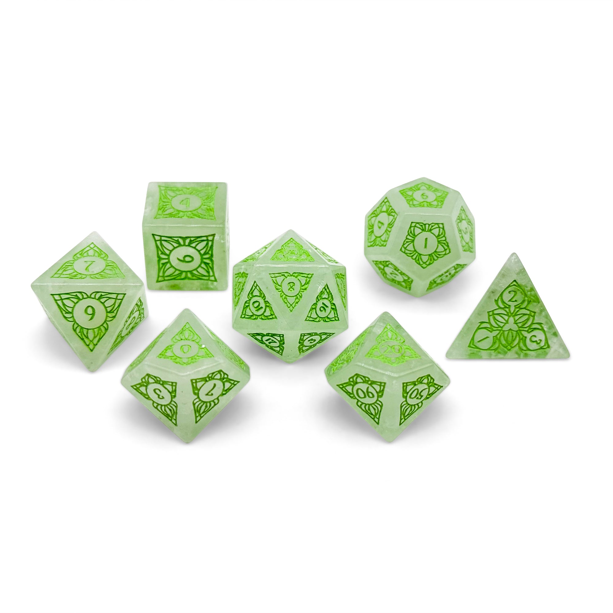 Sylvan Weaver - Clear Quartz - Green Font-Gemstone Dice-Norse Foundry-Norse Foundry-dungeons & dragons-d&d dice set-rpg dice set-gemstone dice set-d&d-perfect for tabletop rpgs