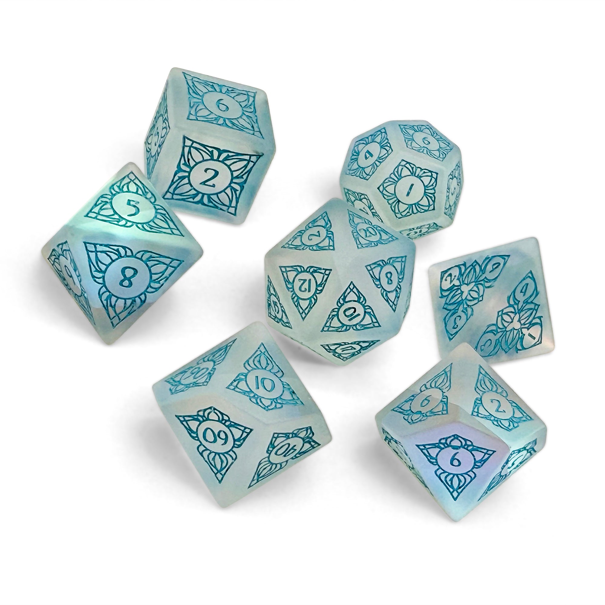 Sylvan Weaver - Frosted K9 - Blue Font-Glass Dice-Norse Foundry-Norse Foundry-glass dice-dungeons & dragons-d&d dice set-rpg dice set-glass dice set-d&d-perfect for tabletop rpgs