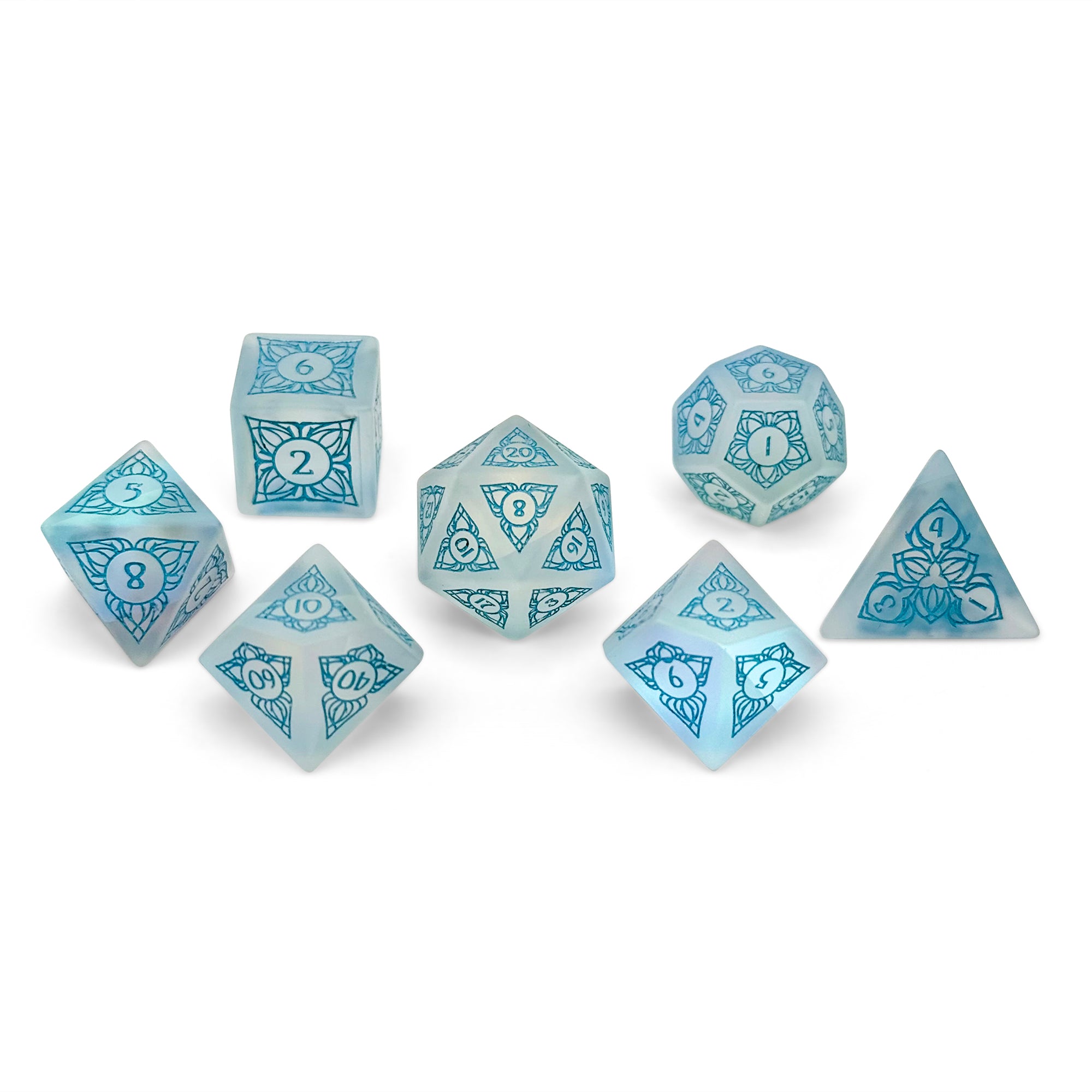 Sylvan Weaver - Frosted K9 - Blue Font-Glass Dice-Norse Foundry-Norse Foundry-glass dice-dungeons & dragons-d&d dice set-rpg dice set-glass dice set-d&d-perfect for tabletop rpgs