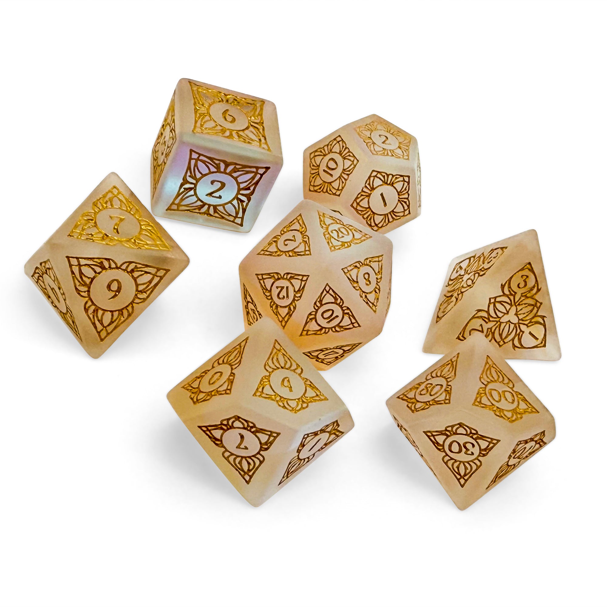 Sylvan Weaver - Frosted K9 - Gold Font-Glass Dice-Norse Foundry-Norse Foundry-glass dice-dungeons & dragons-d&d dice set-rpg dice set-glass dice set-d&d-perfect for tabletop rpgs