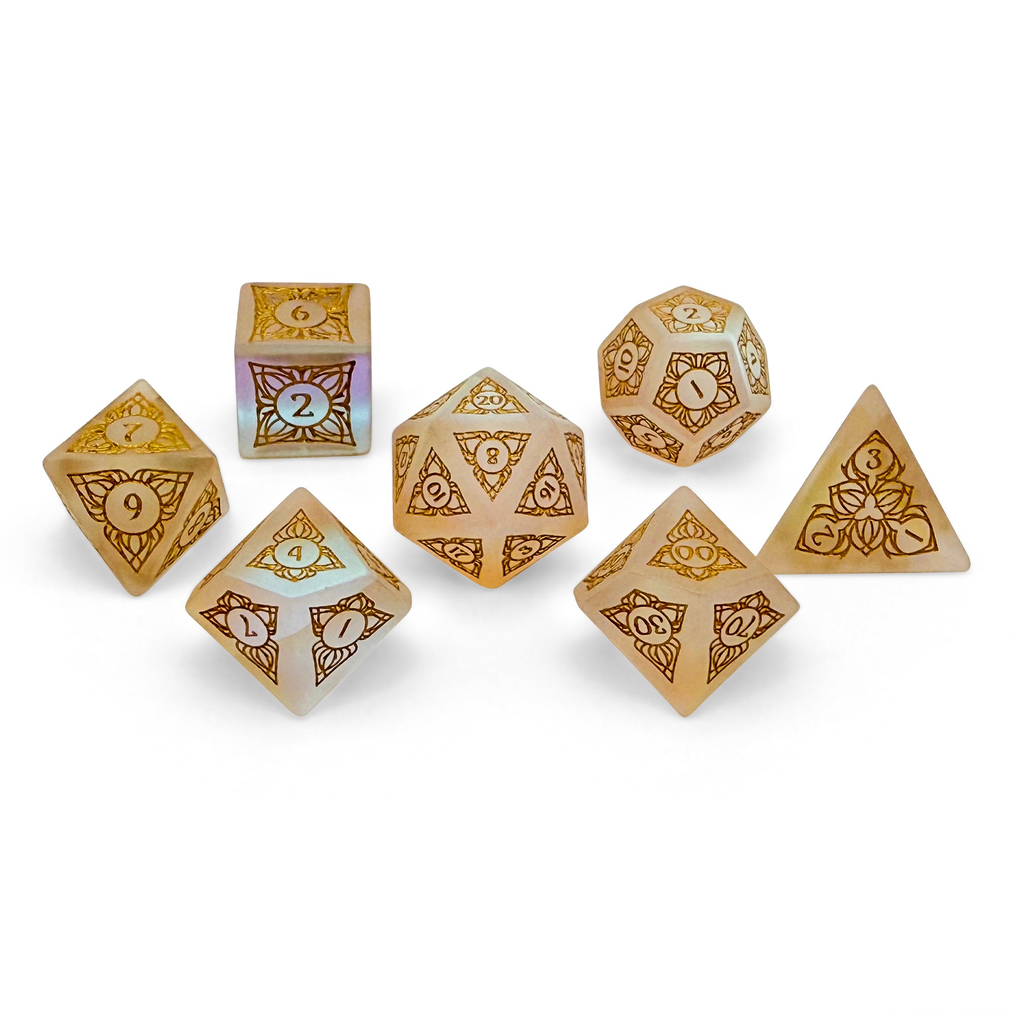 Sylvan Weaver - Frosted K9 - Gold Font-Glass Dice-Norse Foundry-Norse Foundry-glass dice-dungeons & dragons-d&d dice set-rpg dice set-glass dice set-d&d-perfect for tabletop rpgs