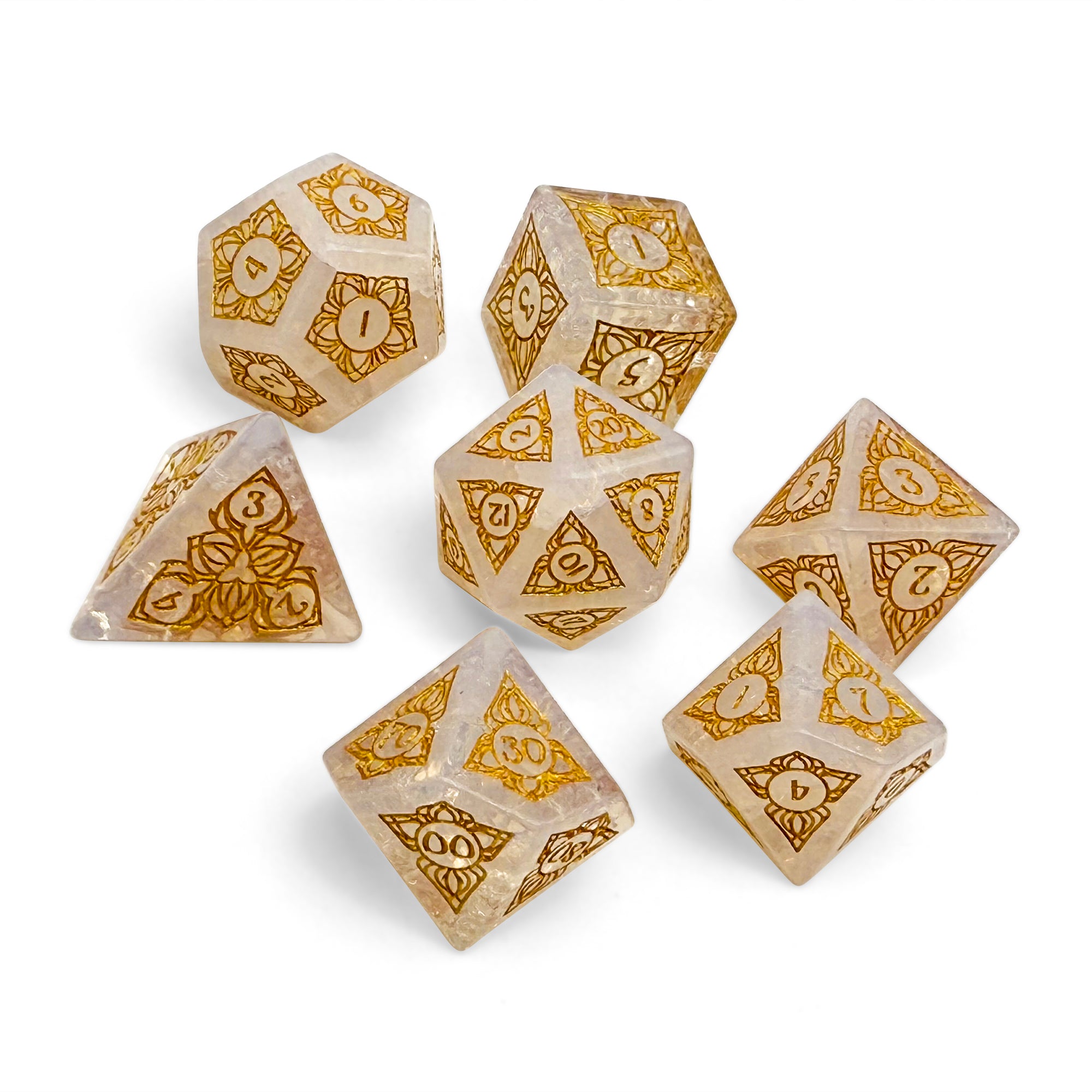 Sylvan Weaver - Shattered Opalite - Gold Font-Gemstone Dice-Norse Foundry-Norse Foundry-dungeons & dragons-d&d dice set-rpg dice set-gemstone dice set-d&d-perfect for tabletop rpgs