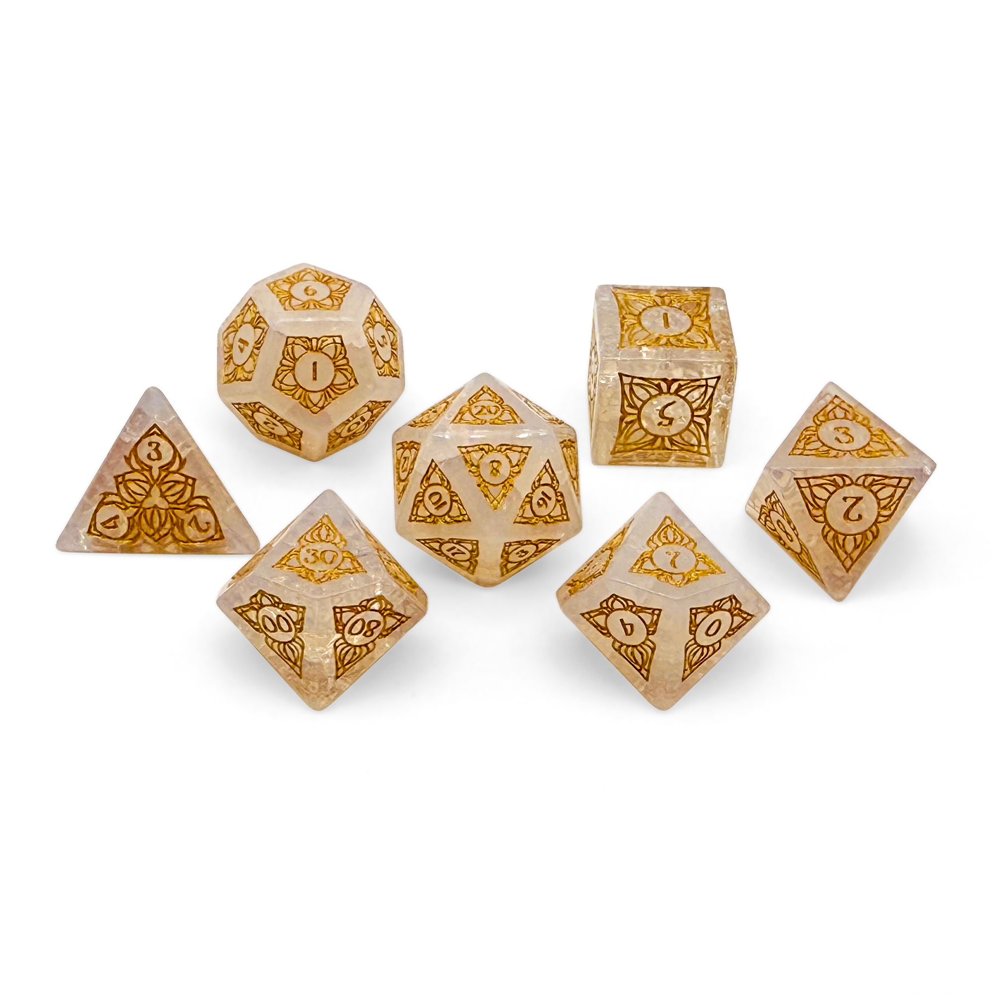 Sylvan Weaver - Shattered Opalite - Gold Font-Gemstone Dice-Norse Foundry-Norse Foundry-dungeons & dragons-d&d dice set-rpg dice set-gemstone dice set-d&d-perfect for tabletop rpgs