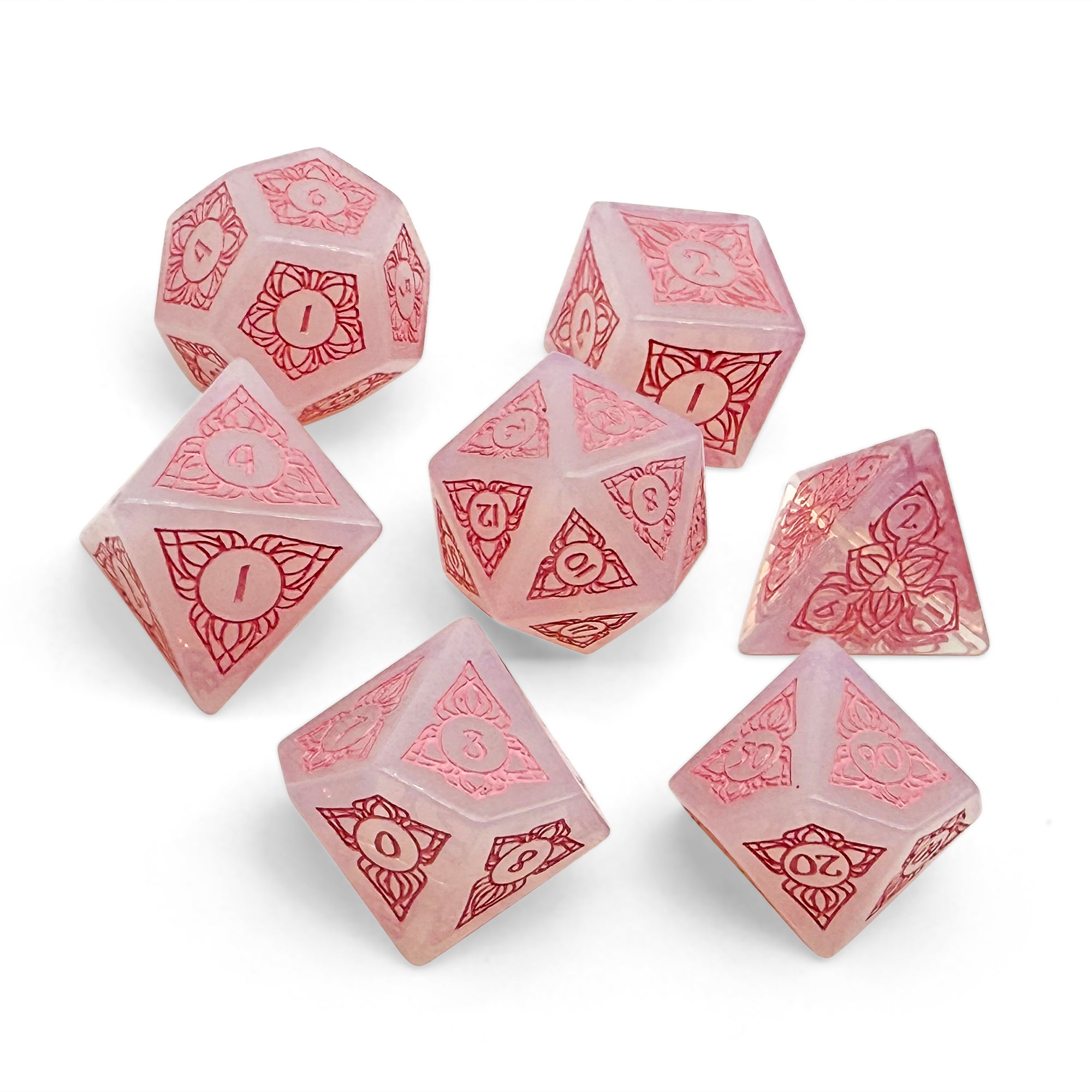 Sylvan Weaver - Shattered Opalite - Pink Font-Gemstone Dice-Norse Foundry-Norse Foundry-dungeons & dragons-d&d dice set-rpg dice set-gemstone dice set-d&d-perfect for tabletop rpgs