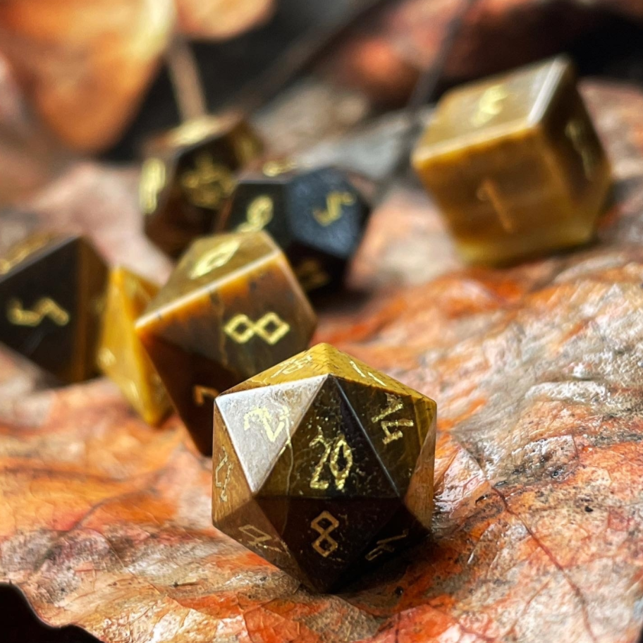 Tiger's Eye - Pebble RPG Set Gemstone Dice-Pebbles-Norse Foundry-Norse Foundry-dungeons & dragons-d&d dice set-rpg dice set-gemstone dice set-d&d-mini dice set-10mm to 12mm-perfect for tabletop rpgs
