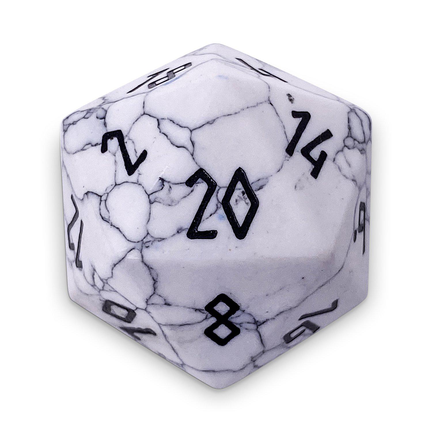 White Howlite - Boulder® 30mm Gemstone Dice-Boulder-Norse Foundry-Norse Foundry-dungeons & dragons-d&d dice-rpg dice-d20-gemstone dice-d&d-30mm-boulder-perfect for tabletop rpgs