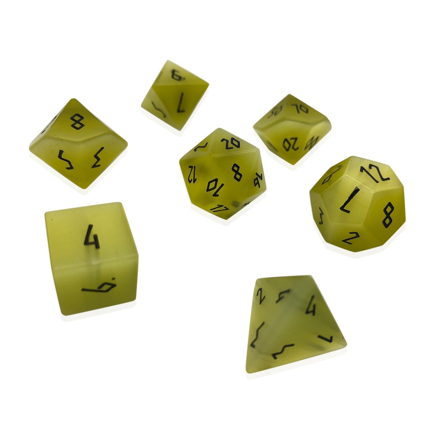 Yellow Cats Eye - 7 Piece RPG Set Glass Dice-Glass Dice-Norse Foundry-Norse Foundry-cat's eye glass dice-dungeons & dragons-d&d dice set-rpg dice set-glass dice set-d&d-perfect for tabletop rpgs