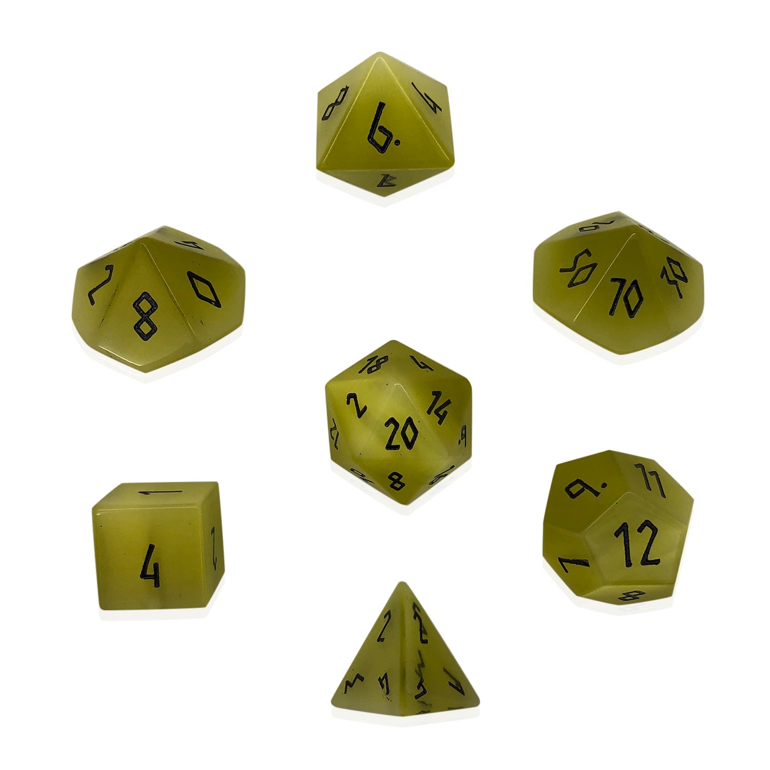 Yellow Cats Eye - 7 Piece RPG Set Glass Dice-Glass Dice-Norse Foundry-Norse Foundry-cat's eye glass dice-dungeons & dragons-d&d dice set-rpg dice set-glass dice set-d&d-perfect for tabletop rpgs
