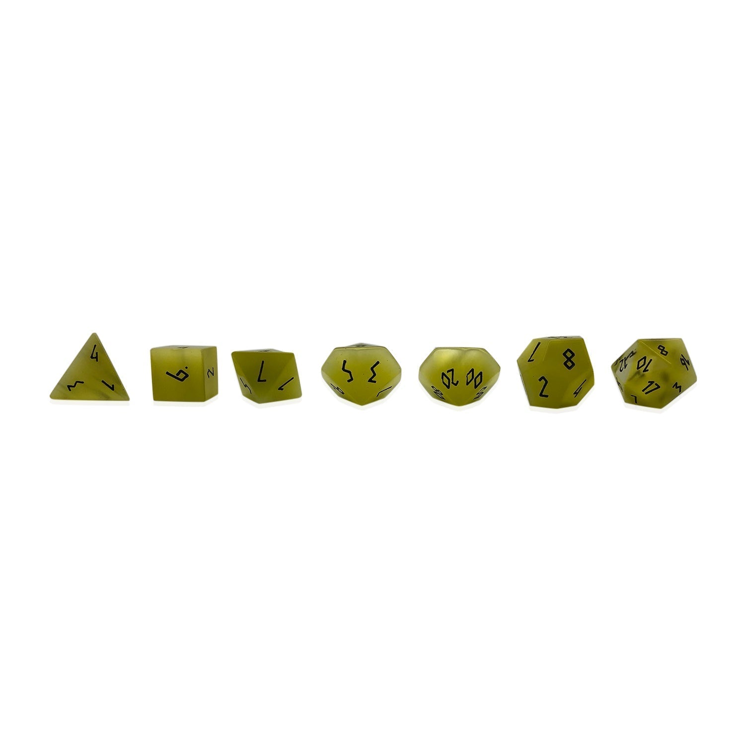 Yellow Cats Eye - 7 Piece RPG Set Glass Dice-Glass Dice-Norse Foundry-Norse Foundry-cat's eye glass dice-dungeons & dragons-d&d dice set-rpg dice set-glass dice set-d&d-perfect for tabletop rpgs