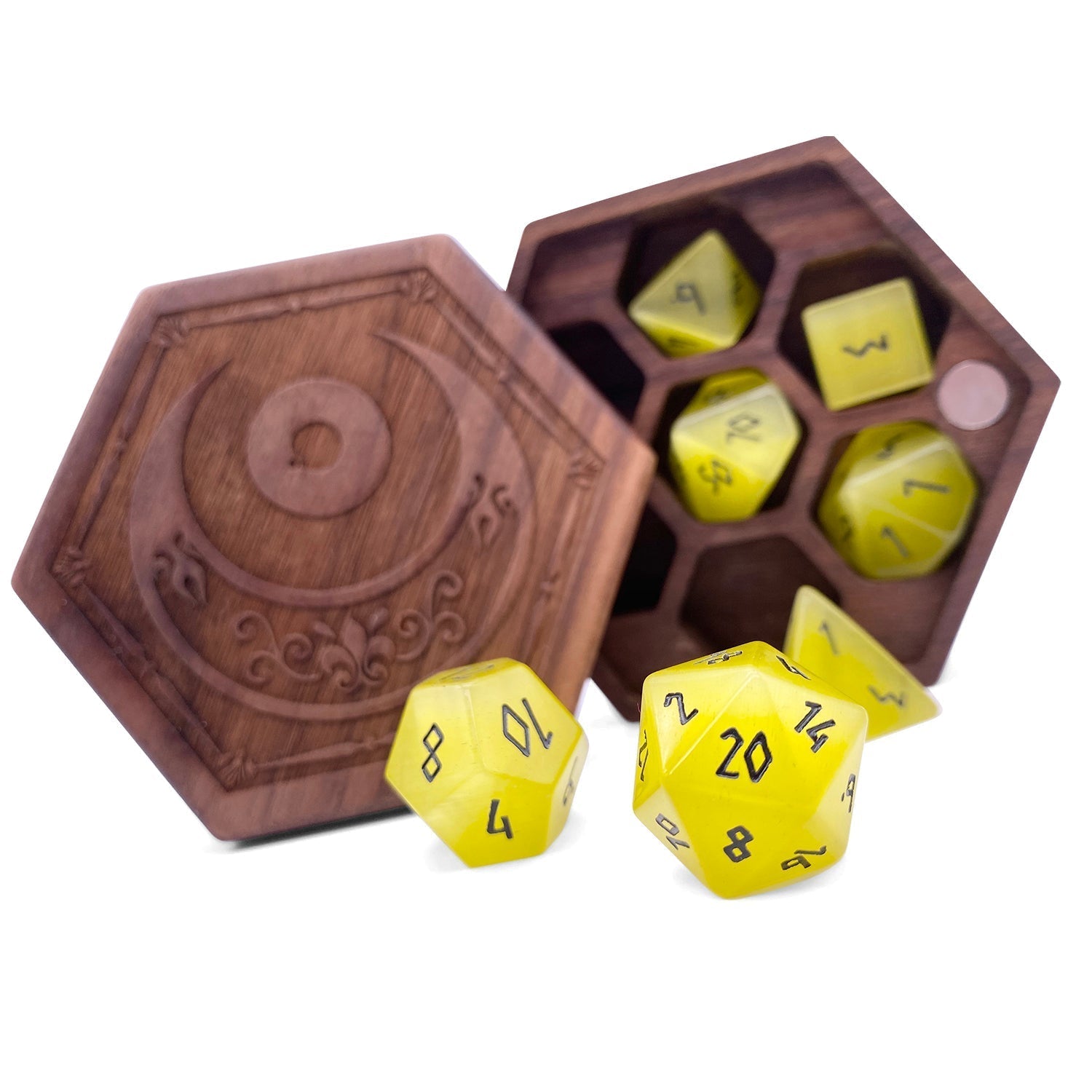 Yellow Cats Eye - 7 Piece RPG Set Glass Dice-Glass Dice-Norse Foundry-Norse Foundry-cat's eye glass dice-dungeons & dragons-d&d dice set-rpg dice set-glass dice set-d&d-perfect for tabletop rpgs