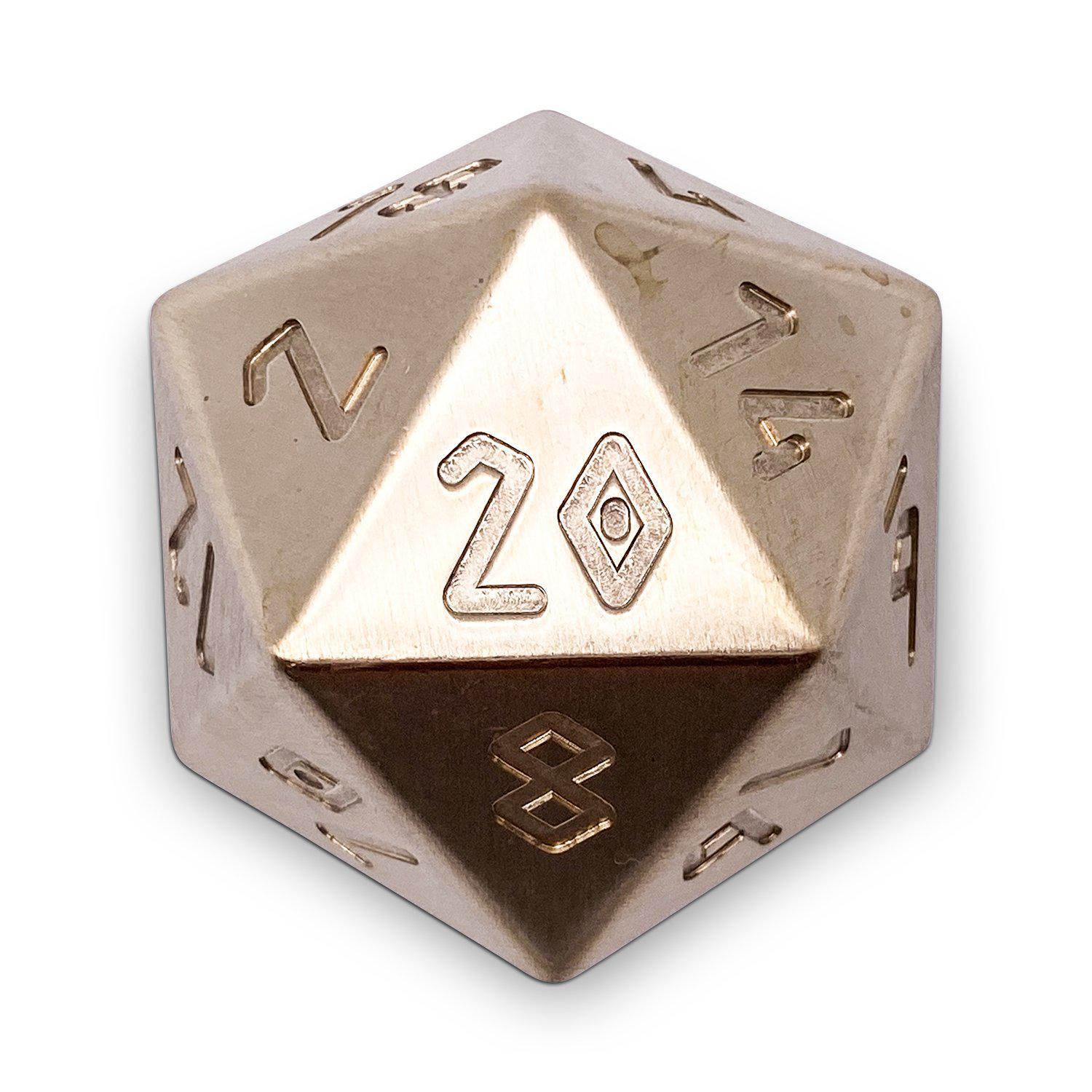 Brass - Boulder® 55mm True Metal Dice-Metal Dice-Norse Foundry-Norse Font-Norse Foundry-dungeons & dragons-d&d dice-rpg dice-d20-metal dice-d&d-55mm-oversize-boulder-luxury dice-perfect for tabletop rpgs