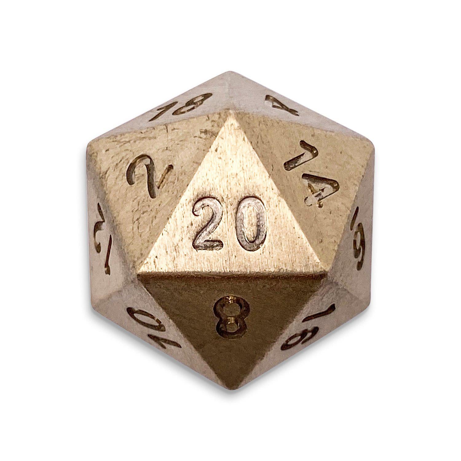 Brass - Single D20 True Metal Dice-Metal Dice-Norse Foundry-Norse Foundry-dungeons & dragons-d&d dice-rpg d20-metal d20-d&d-d20-luxury dice-perfect for tabletop rpgs
