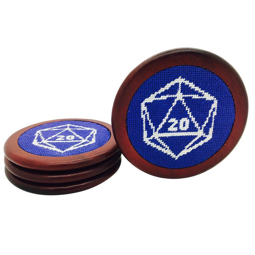 Blue D20 Wooden Coasters RPG Needlepoint-Accessories-Norse Foundry-DND Dice-Polyhedral Dice-D20-Metal Dice-Precision Dice-Luxury Dice-Dungeons and Dragons-D&D-