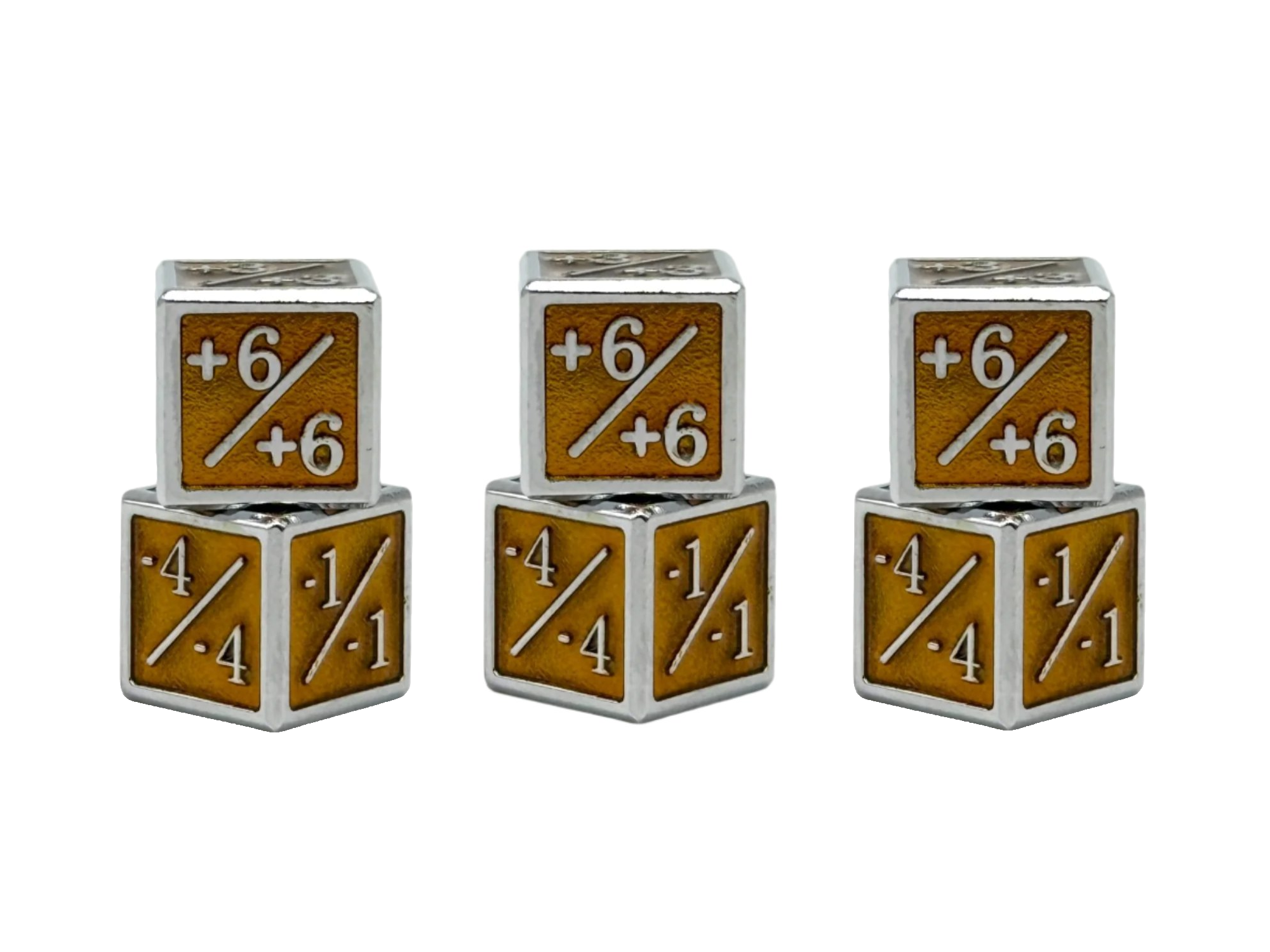 1/+1 & -1/-1 D6 Yellow Pack of 6 CCG Metal Dice-Alloy Dice-Norse Foundry-Norse Foundry-dungeons & dragons-d&d dice-rpg d6-metal d6-d&d-d6-warpips-pips-perfect for tabletop rpgs